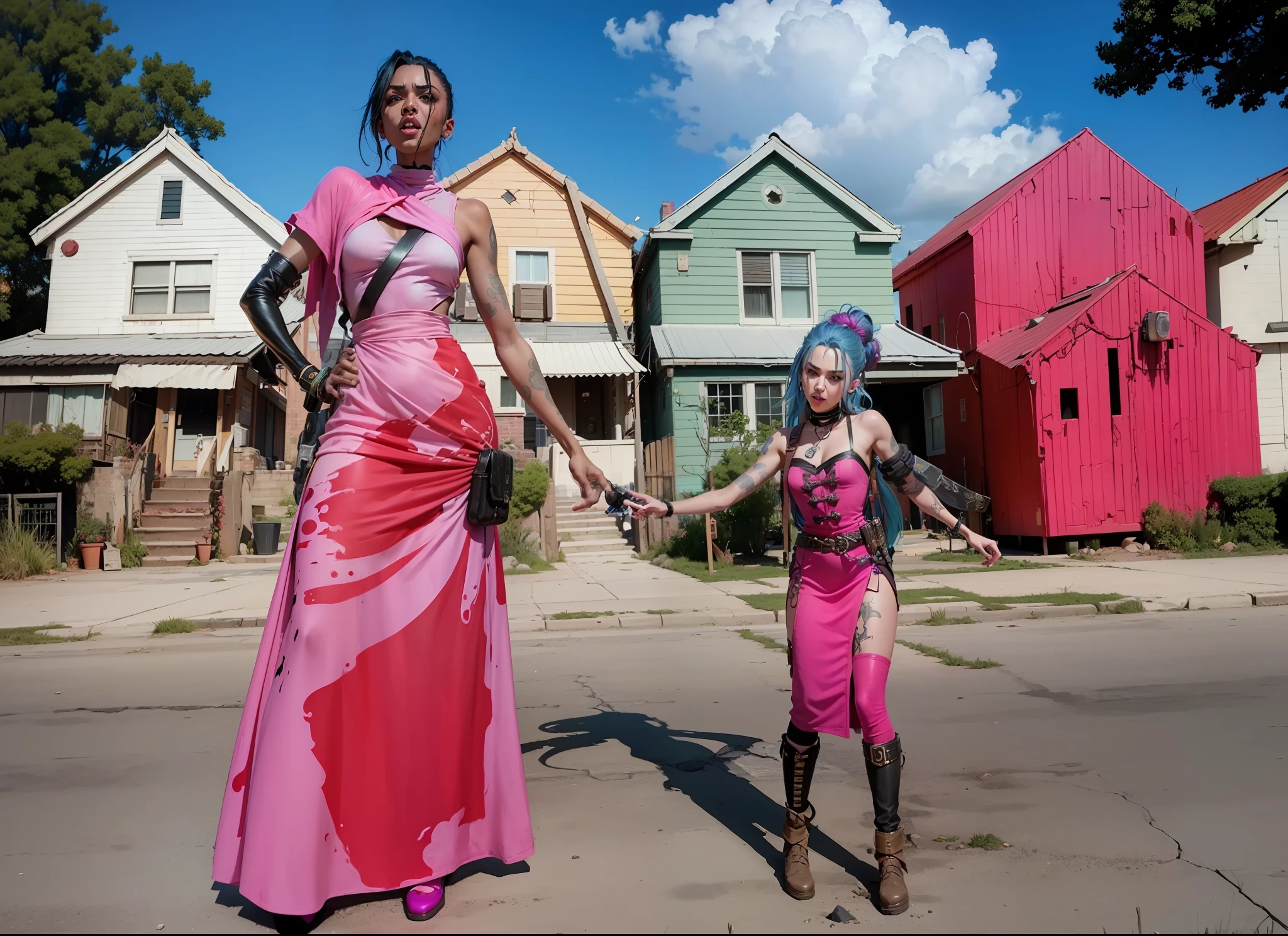 ((Best quality)), ((masterpiece)), (highly detailed:1.3), 3D, arcane style,In the dark and courageous dystopian city of Piltover, plagued by violence and divided into two opposing factions, a young prodigy named Jinx emerges. Having endured unimaginable loss and abandonment, she embraced a life of chaos and destruction. Known for her inventive and explosive abilities, Jinx becomes an icon of rebellion against the oppressive forces that control the city. However, haunted by guilt and battling inner demons, she must confront her past and decide whether to continue on the path of anarchy or seek redemption amid the turmoil. Explore Jinx's journey as she navigates a treacherous world, fighting for survival, unlocking secrets, and discovering the true meaning of her twisted existence, chaos reigns supreme, and at the center of it all is Jinx, the embodiment of unpredictability. Delve deep into Jinx's twisted mind, exploring the origins of his madness and the driving force behind his destructive nature. Unravel the moments that shaped her into the crazed, iconic character we know. Take us on a wild journey through the vibrant streets of Piltover and the shadowy suburb of Zaun as Jinx wreaks havoc with his explosive arsenal. Can redemption find its way into Jinx's fractured soul? Or will she dance forever on the edge of sanity, embracing the chaos that fuels her very existence? Arcane's fate hangs in the balance as Jinx's path intertwines with unlikely allies and formidable enemies. Ignite your imagination and paint a vivid portrait of Jinx's distorted psyche, capturing the essence of her madness and the indomitable spirit that defines it, HDR (High Dynamic Range), Ray Tracing, NVIDIA RTX, Super-Resolution, Unreal 5, Subsurface Scattering, PBR Texturing, Post-processing, Anisotropic Filtering, Depth of Field, Maximum Clarity and Sharpness, Multit Textures