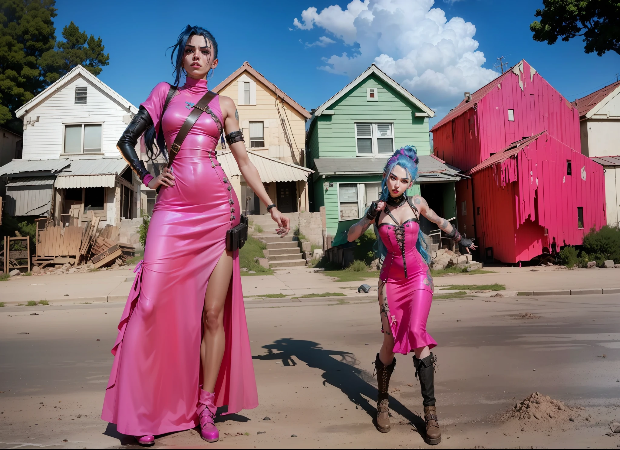 ((Best quality)), ((masterpiece)), (highly detailed:1.3), 3D, arcane style,In the dark and courageous dystopian city of Piltover, plagued by violence and divided into two opposing factions, a young prodigy named Jinx emerges. Having endured unimaginable loss and abandonment, she embraced a life of chaos and destruction. Known for her inventive and explosive abilities, Jinx becomes an icon of rebellion against the oppressive forces that control the city. However, haunted by guilt and battling inner demons, she must confront her past and decide whether to continue on the path of anarchy or seek redemption amid the turmoil. Explore Jinx's journey as she navigates a treacherous world, fighting for survival, unlocking secrets, and discovering the true meaning of her twisted existence, chaos reigns supreme, and at the center of it all is Jinx, the embodiment of unpredictability. Delve deep into Jinx's twisted mind, exploring the origins of his madness and the driving force behind his destructive nature. Unravel the moments that shaped her into the crazed, iconic character we know. Take us on a wild journey through the vibrant streets of Piltover and the shadowy suburb of Zaun as Jinx wreaks havoc with his explosive arsenal. Can redemption find its way into Jinx's fractured soul? Or will she dance forever on the edge of sanity, embracing the chaos that fuels her very existence? Arcane's fate hangs in the balance as Jinx's path intertwines with unlikely allies and formidable enemies. Ignite your imagination and paint a vivid portrait of Jinx's distorted psyche, capturing the essence of her madness and the indomitable spirit that defines it, HDR (High Dynamic Range), Ray Tracing, NVIDIA RTX, Super-Resolution, Unreal 5, Subsurface Scattering, PBR Texturing, Post-processing, Anisotropic Filtering, Depth of Field, Maximum Clarity and Sharpness, Multit Textures