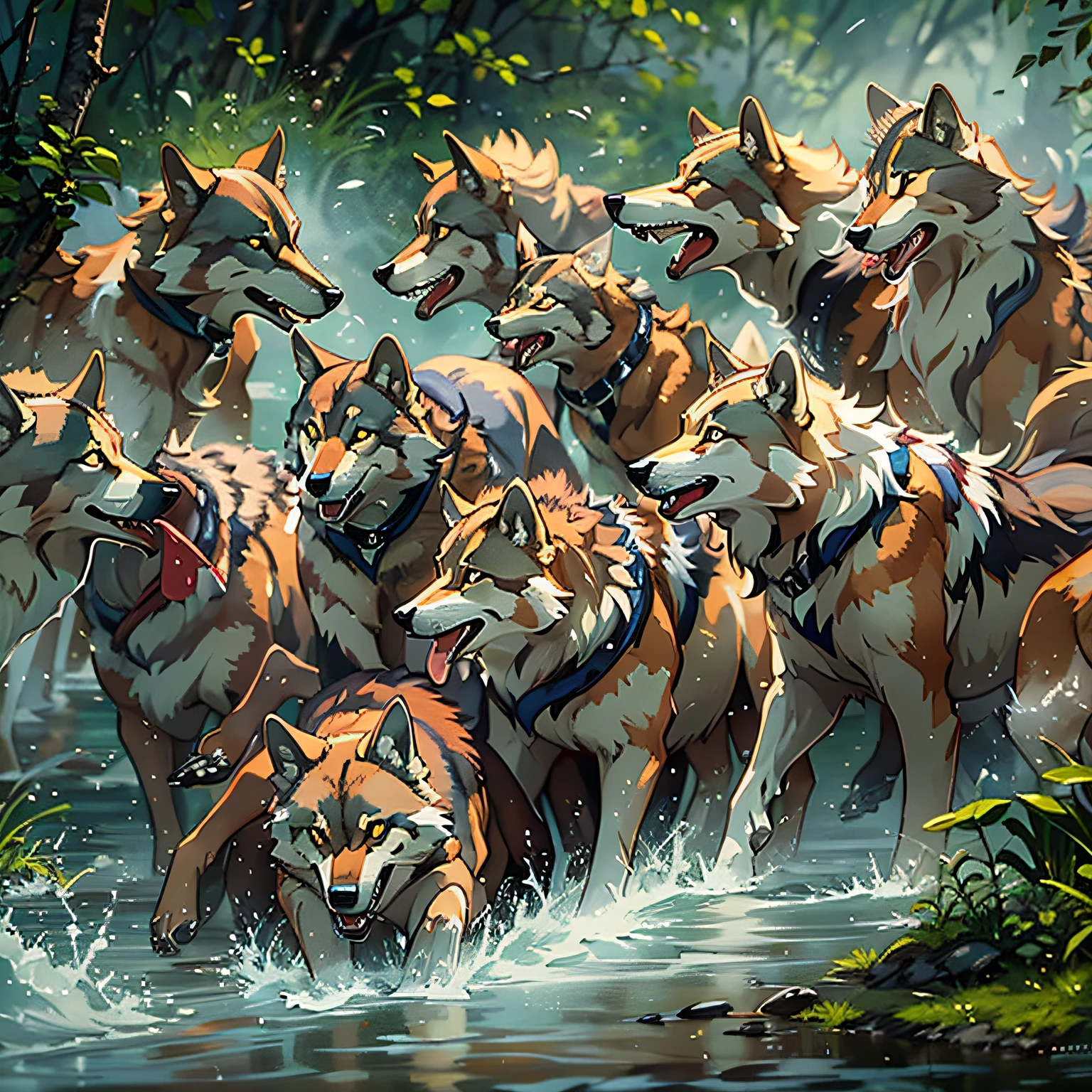 A dozen wolves,Rush to the pond,Fang,Fierce,mouth drool,delicated,tmasterpiece,A high resolution