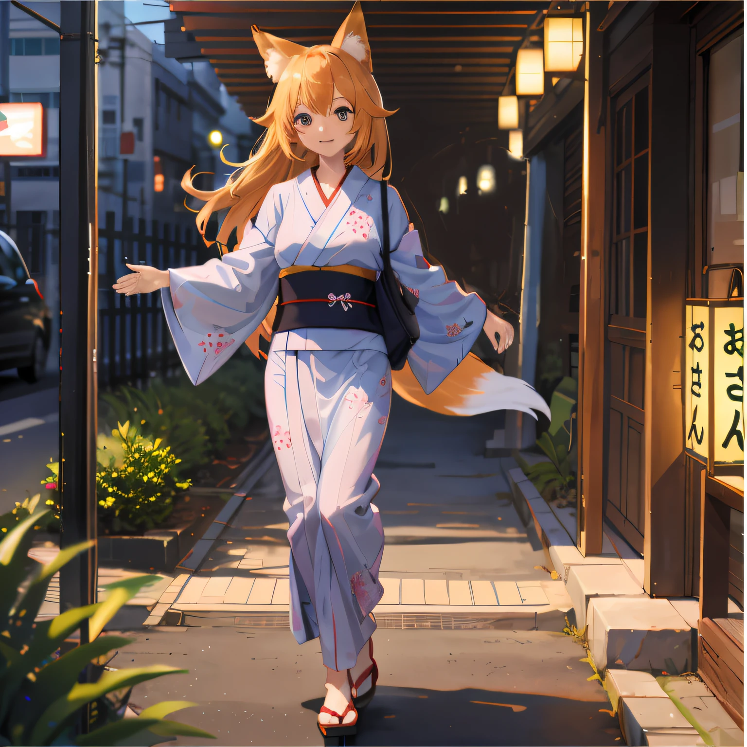 Anime characters dressed in kimonos walk down the street, dressed with long fluent clothes, colorful kitsune city, foxes, anime style 4 k, anime catgirl, High quality anime art style, in style of kyoto animation, beautiful anime catgirl, foxgirl, cute anime catgirl, fox nobushi, wearing a haori, a beautiful kitsune woman