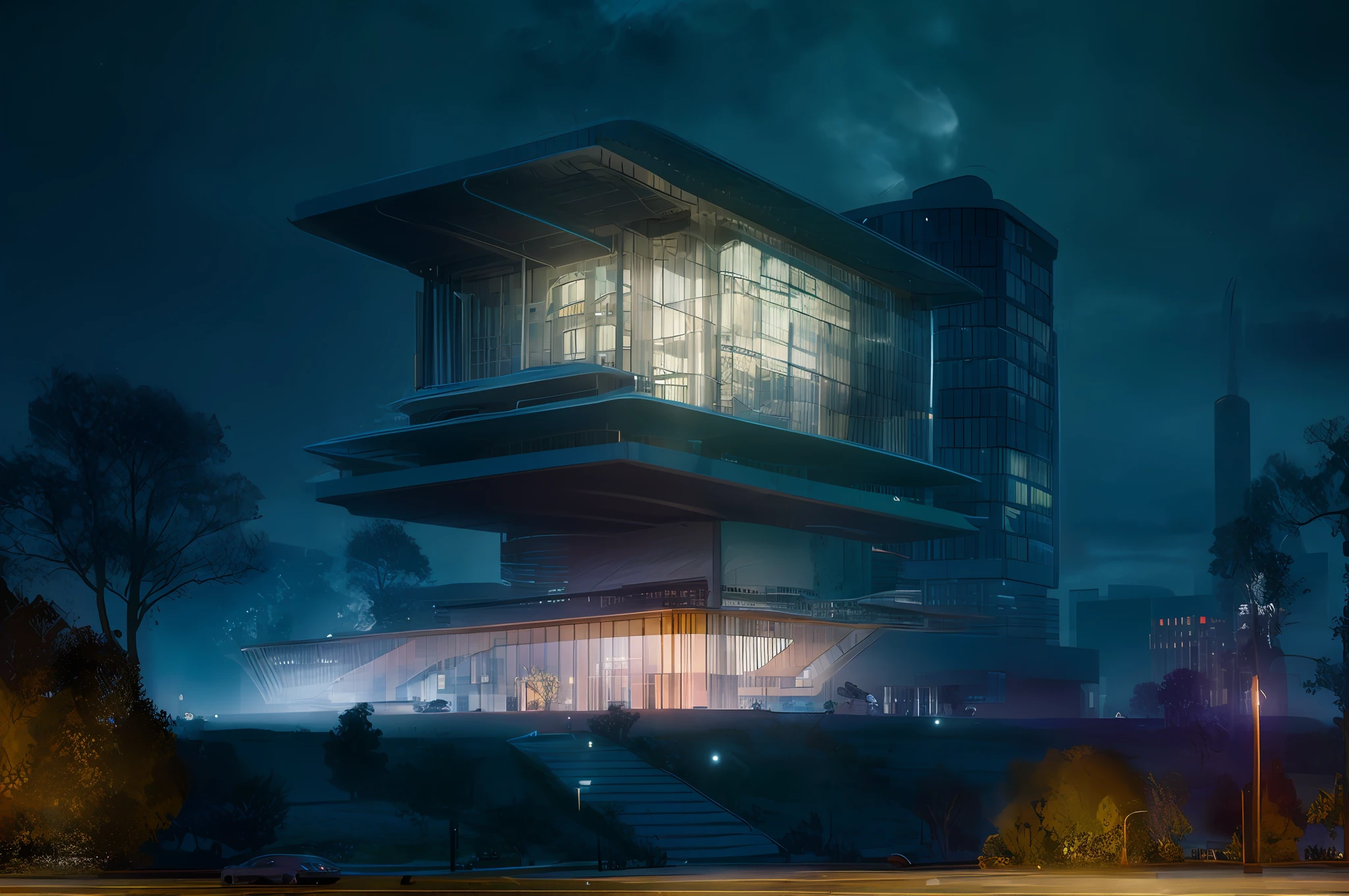 Masterpiece, best quality, raw photo, 8k, very detailed, Housev1, modern architecture, future, people, car, tall trees, landscape, city background, a photo of a building, nightfall , night view , cloudy, dusk, Rainy, with mist, Zaha Hadid, MAD Architects