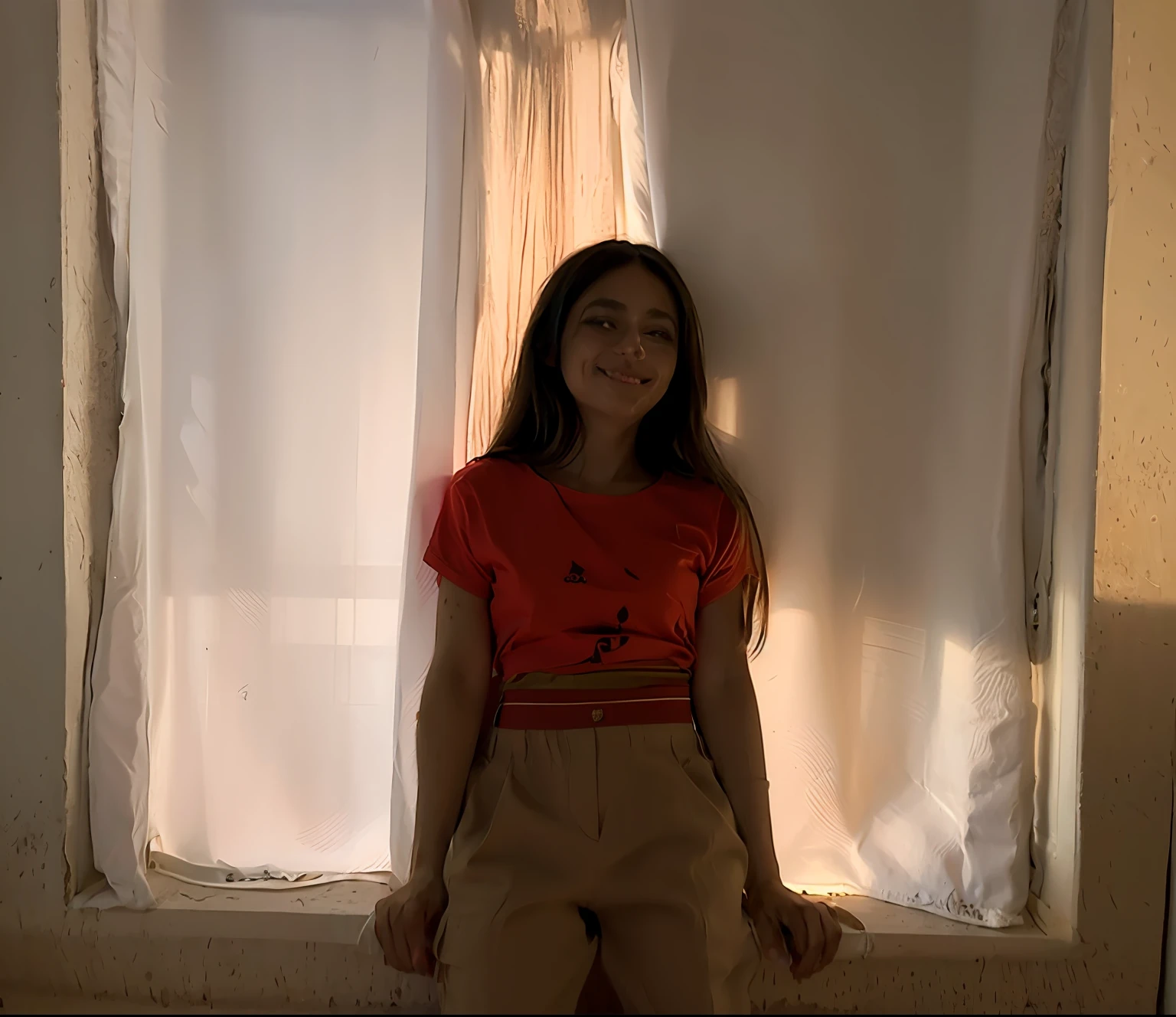 Obra maestra, mejor calidad, Arafed Woman sitting on a windowsill in front of a curtain, She is approximately , Imagen de cuerpo entero, 11 years oldrop of natural light, standing in a dimly lit room, She is about 11 years old, She is aboold,remera manga corta, pan, full body photogenic shot, pose casual