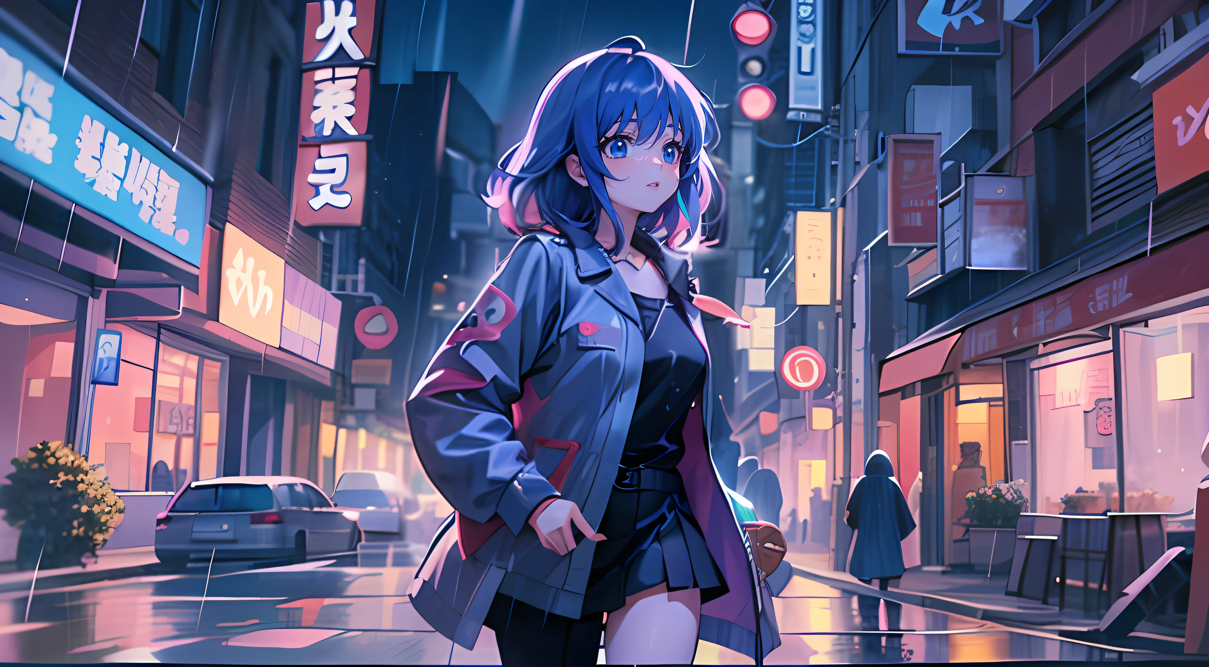 Anime girl walking down street in rain at night,, in the art style of 8 0 s anime, the anime girl is running, ' ramona flowers ', cosmic girl, style of anime4 K, 8 0 s anime art style, Praise Artstyle, official fanart, Anime style illustration