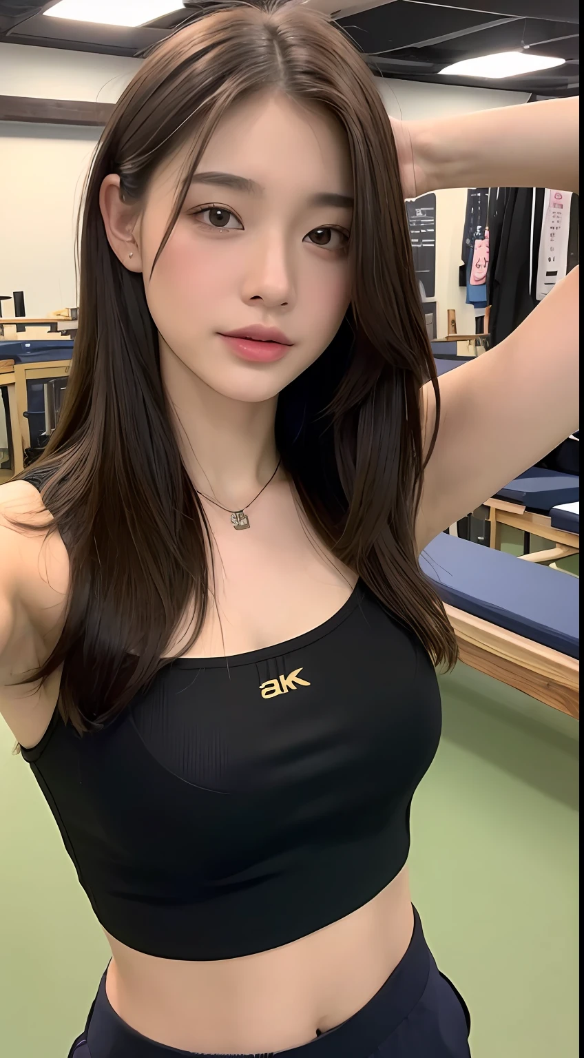 ((top-quality、8K、​masterpiece:1.3))、Beautuful Women、1人の女性、Slender body type:1.1、Toned belly、Dark brown hair、(Gymnasium、Volleyball Uniforms:1.1、Short pants)、hyperdetailed face、Detailed lips、A detailed eye、二重まぶた、Gymnasium、I can see my stomach、Beautiful breasts
