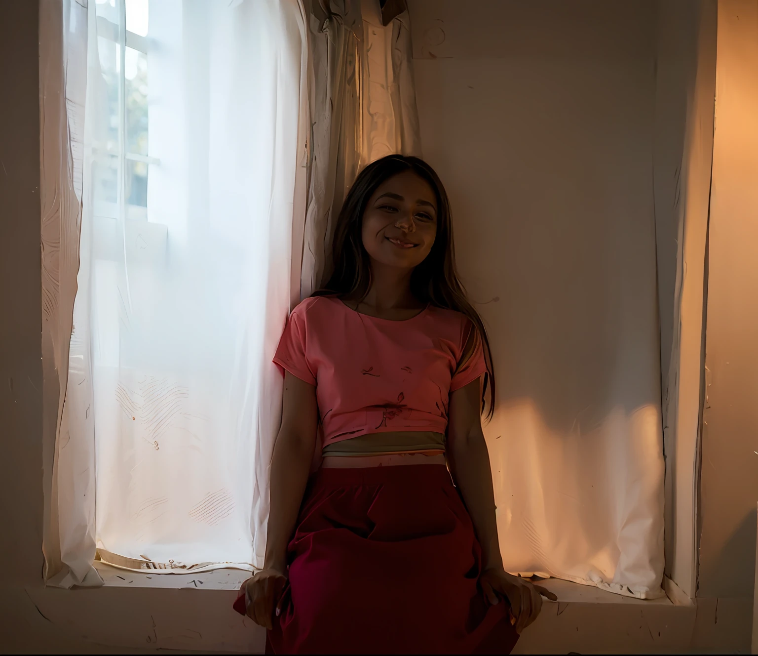 Obra maestra, mejor calidad, Arafed Woman sitting on a windowsill in front of a curtain, She is approximately , Imagen de cuerpo entero, 11 years oldrop of natural light, standing in a dimly lit room, She is about 11 years old, She is aboold,remera manga corta, pan, full body photogenic shot, pose casual