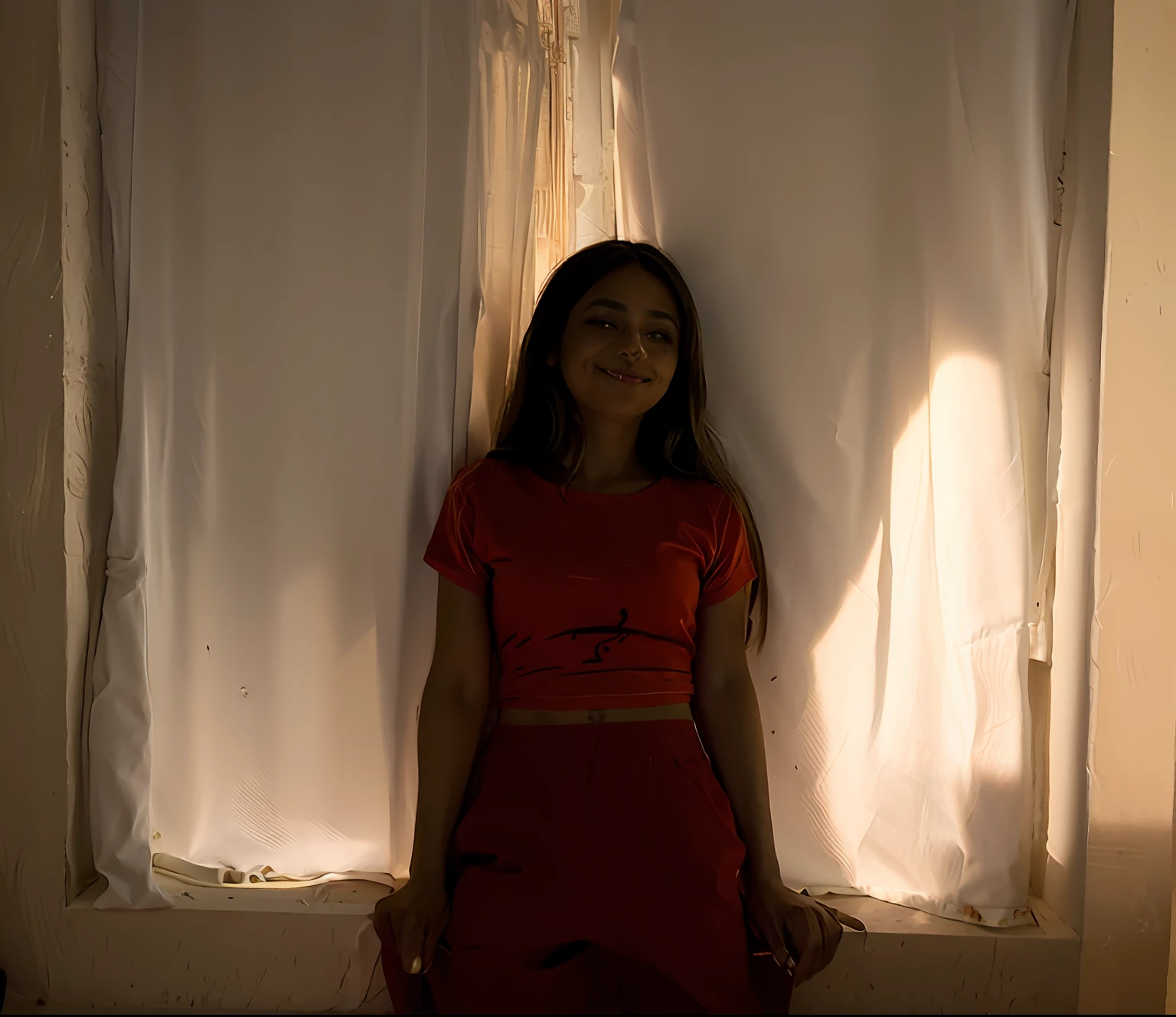 Obra maestra, mejor calidad, Arafed Woman sitting on a windowsill in front of a curtain, She is approximately , Imagen de cuerpo entero, 11 years oldrop of natural light, standing in a dimly lit room, She is about 11 years old, She is aboold,remera manga corta, pan, full body photogenic shot, pose casual