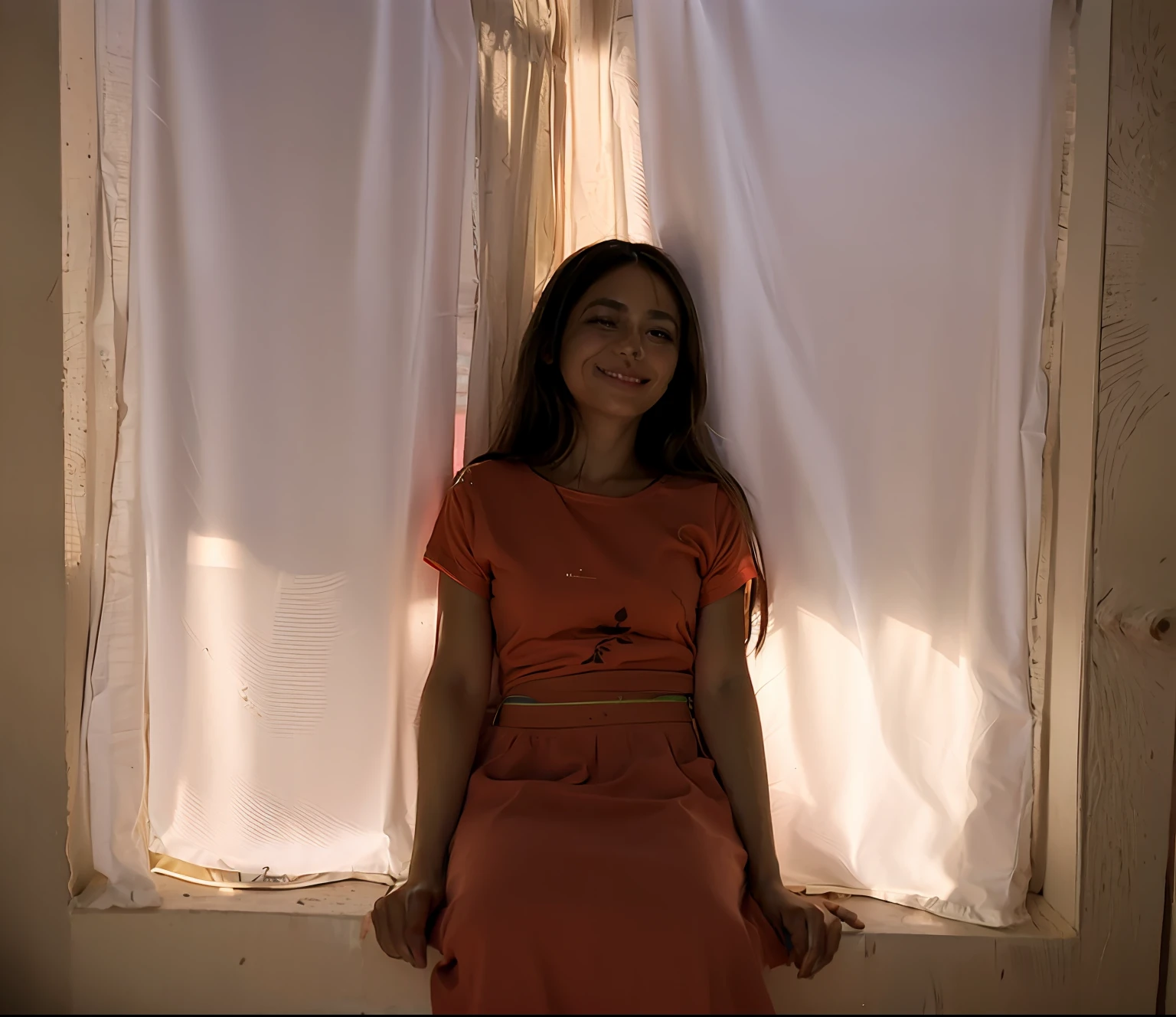 Obra maestra, mejor calidad, Arafed Woman sitting on a windowsill in front of a curtain, She is approximately 11 years old, Imagen de cuerpo entero, 11 years old, with backdrop of natural light, standing in a dimly lit room, She is about 11 years old, She is about 11 years old,remera manga corta, pantalon suelto, full body photogenic shot, pose casual