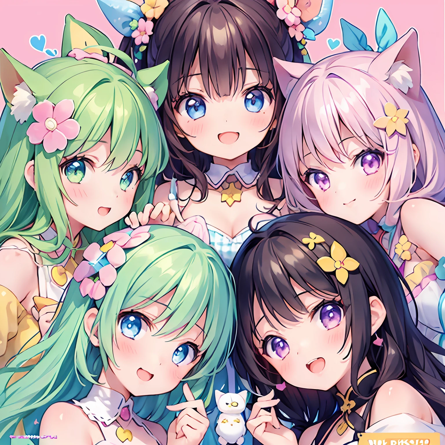 masterpiece, (2girls and 2girls and 2girls and 2girls), idol, closeup, big eyes, kawaiitech, kawaii, cute, pastel colors, best quality, happy, deep background, symmetrical, tilted head, summer, cover, title