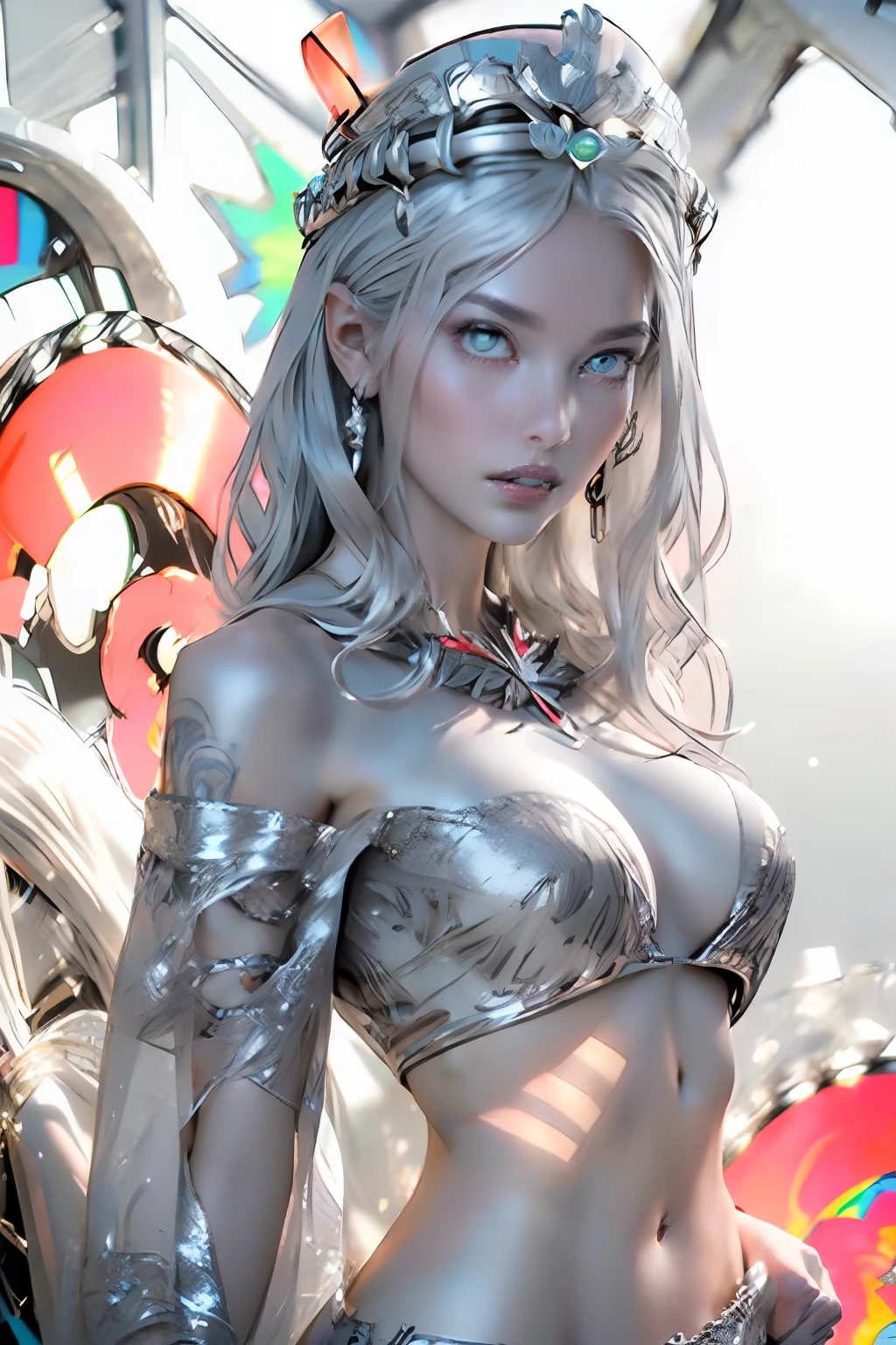 Ultra-detailed complex 3D rendering of the face, (masterpiece, top quality, octane rendering,), glamour shots full body image, very beautiful young elves, cleavage, (highly detailed skin: 1.2), (exposure: 1.1), ((blue micro bikini: 1.95)))). , 8k, (((very soft breasts)), (((conspicuous large pink areola)), beautiful Caucasian woman with white skin with full soft breasts with big buttocks, one, long braided hair, big breasts, dynamic angles, (((huge breasts: 2.4)), ultra-realistic photos, ((((((silver hair)))), futuristic urban background, facial muscles, (((((detailed and glamorous silver crown)))), In the style of Marvel Comics, ArtStation Trends, Clear Focus, Intricate Details, Very Detailed, Detailed Green Eyes, Sharp Focus, Digital Rendering, Professional, Abs, Lip Gloss, Glossy Skin, Sexy Pose, Golden Tattoo All Over Body, Silver Pattern All Over Body, Silver Lame Skin, Gold Glitter Skin, Mansuji, Buttocks, Jeweled All Over the Body, with silver scales, silver hair,