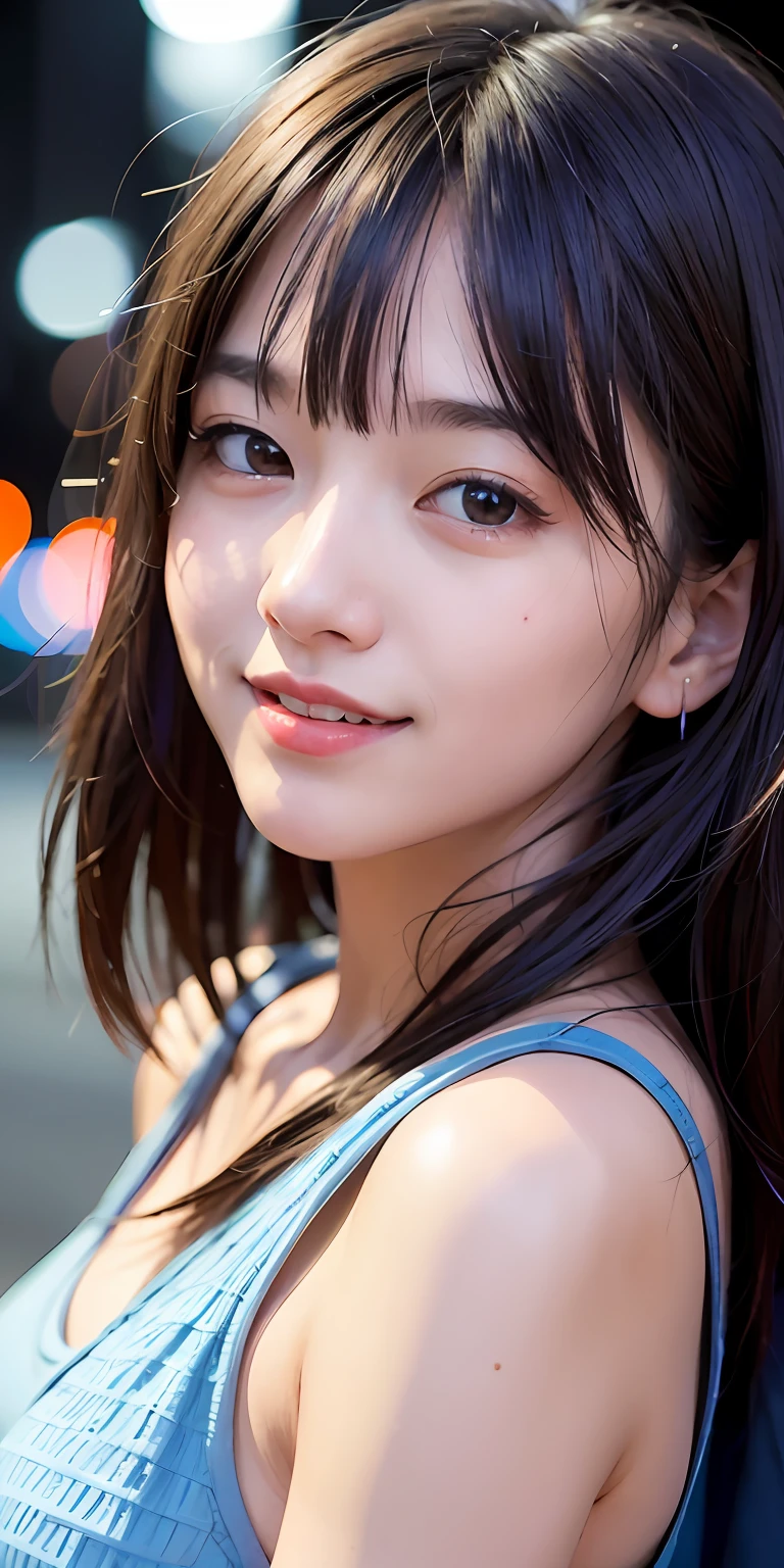 1girl, Tokyo street,night, cityscape,city lights,upper body,close-up,smile,, (8k, RAW photo, best quality, masterpiece:1.2),(realistic, photo-realistic:1.37),
