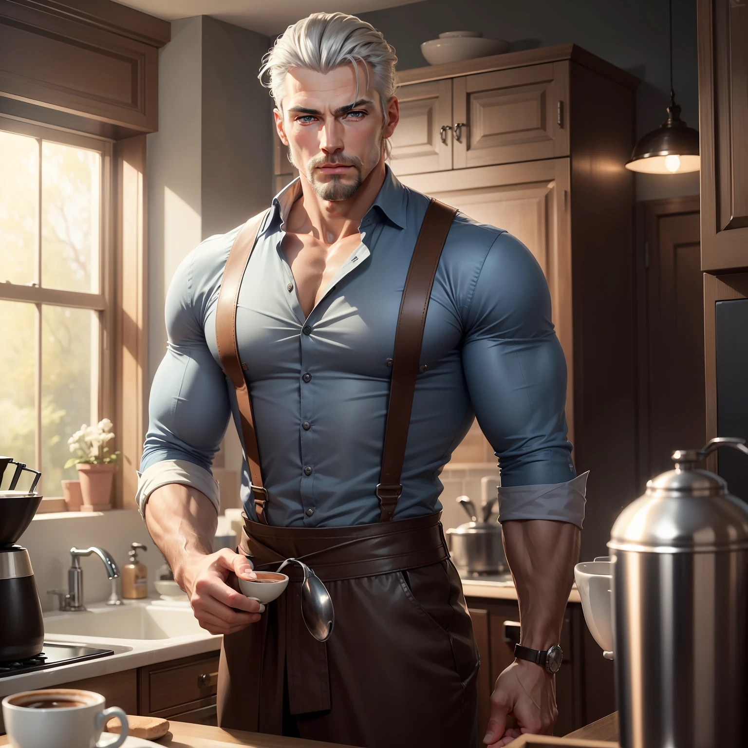 realistic, (best quality, masterpiece:1.3),  finely detailed eyes and detailed face, coffee machine, kitchen, solo mature male, tall muscular guy, silver hair, blue eyes, silver facial hair,