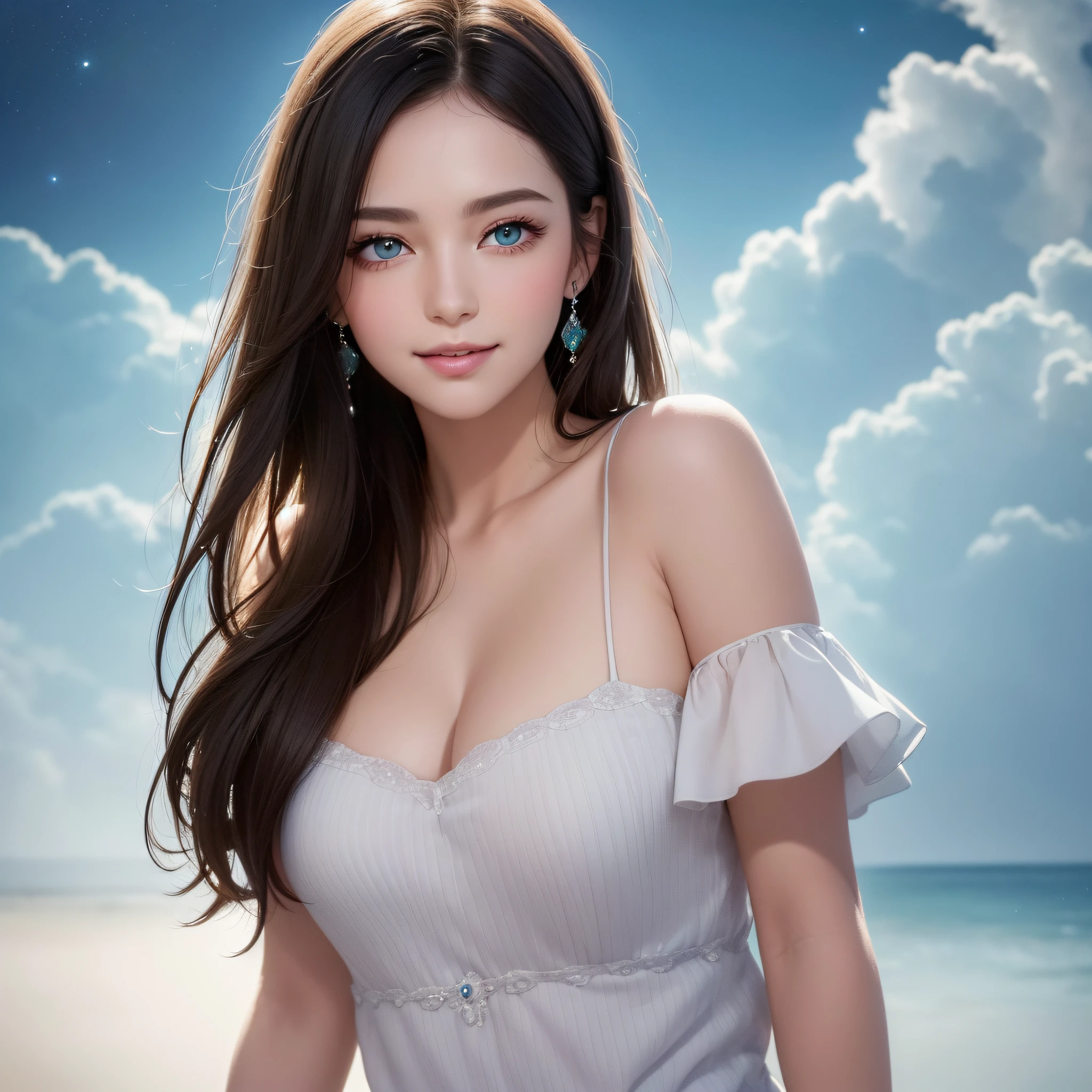 (Best Quality:1.5), (Exquisite CG), (High resolution:1.5)、Close-up of a smile、greeneye、Sapphire green eyes、lipgloss、Eye Gloss、Raise the corners of your mouth and smile、Open your mouth a little、round and large eyes、shorth hair、the background is the universe