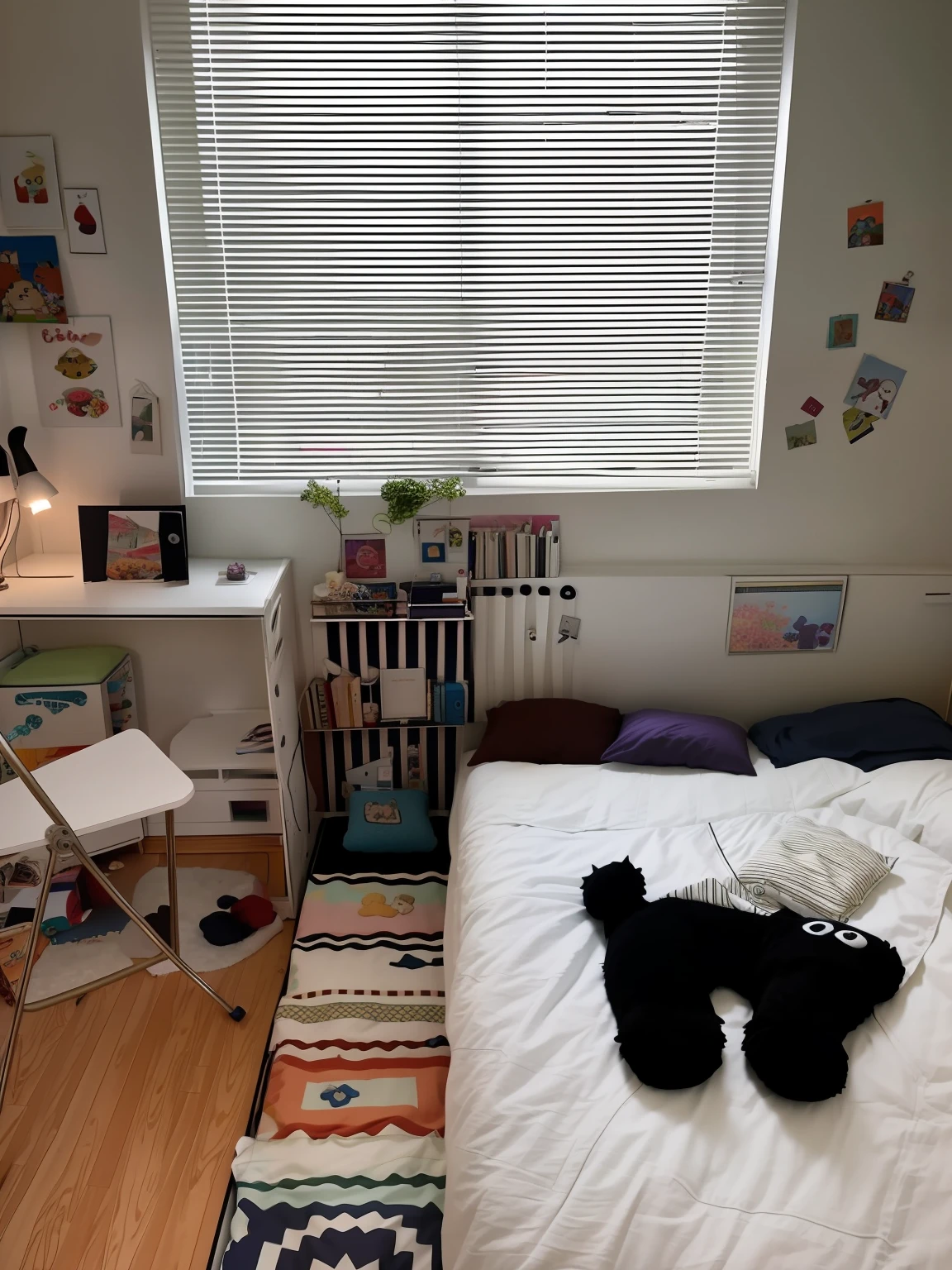 There is a bed in the bedroom,There is a stuffed toy on it, Small room, cute room, cozy room, apartment of an art student, small room in tokyo, small bedroom, clean room, in small room, small and cosy student bedroom, studyng in bedroom, designed for cozy aesthetics!, a room, cozy environment, A bright room, 9 0 s bedroom