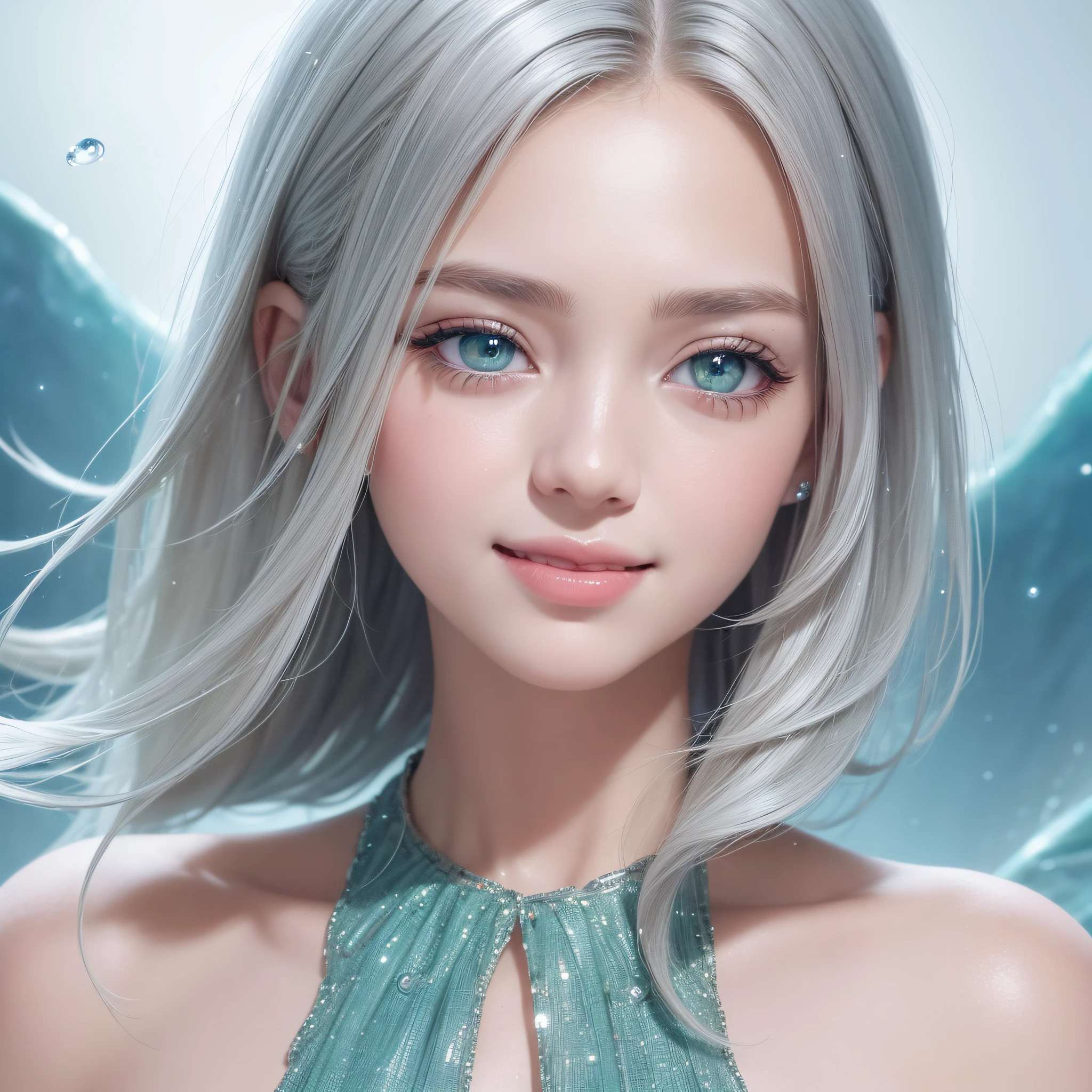 (Best Quality:1.5), (Exquisite CG), (High resolution:1.5)、Close-up of a smile、greeneye、Sapphire green eyes、lipgloss、Eye Gloss、Raise the corners of your mouth and smile、Open your mouth a little、round and large eyes、short silver hair、the background is the universe