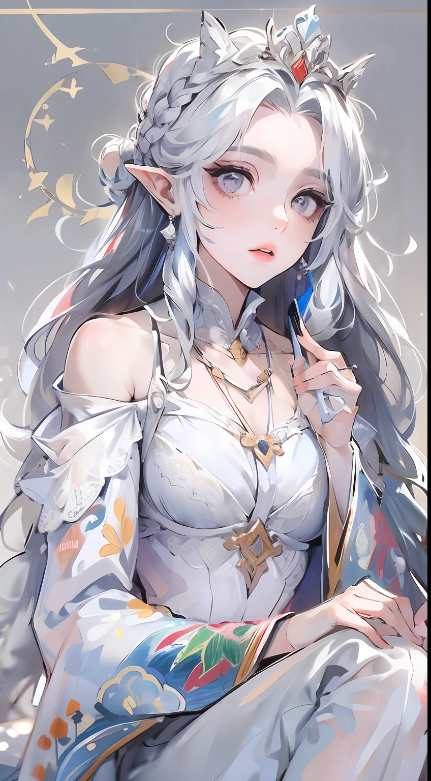 Best quality, highly detailed, masterpiece, ultra detailed, (reality: 1.2), 1 girl, (white background), simple background, delicate eyes, silver hair, purple eyes, hair_ornament, (white off-the-shoulder shirt: 1.3), long hair, pointy_ears, crown_braid, expressionless, straight hair, (++ sitting: 1.2), room,