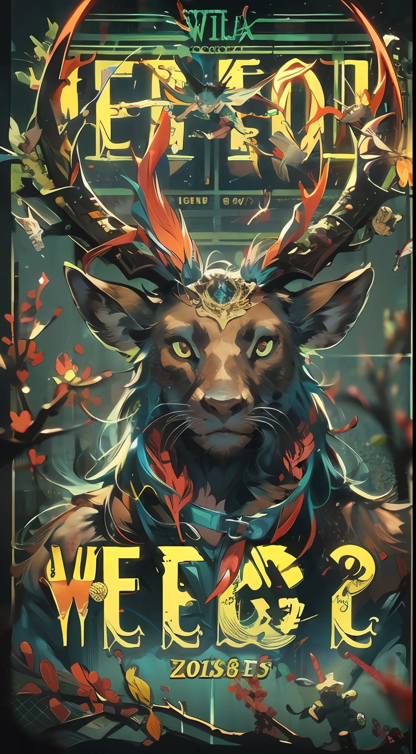 text saying "Here we go", Wild Stag Zombie King, Mysterious thriller, Colorful, Vintage style, (T-shirt design), Masterpiece realistic volumetric light