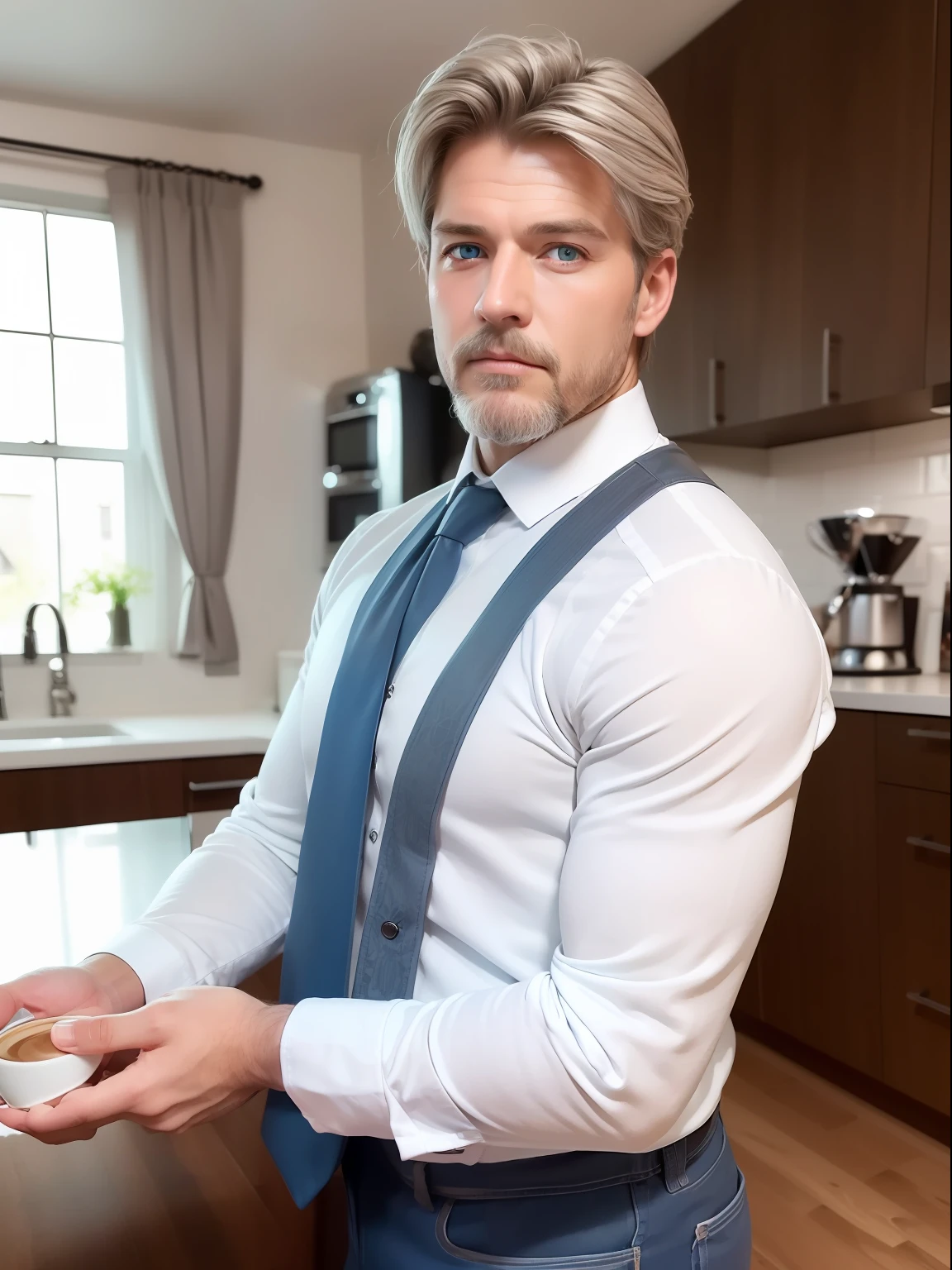 realistic, (best quality, masterpiece:1.3), finely detailed eyes and detailed face, coffee machine, kitchen, solo mature male, tall muscular guy, silver hair, blue eyes, silver facial hair,