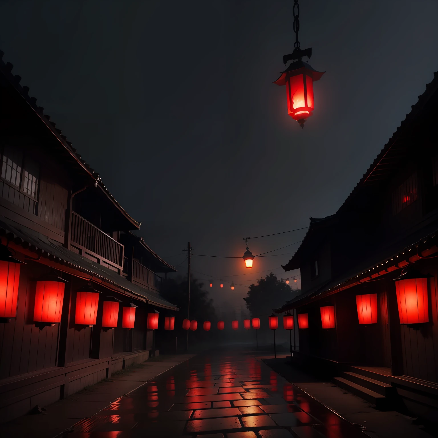 It was pitch black everywhere at night，Several red lanterns loomed in the distance