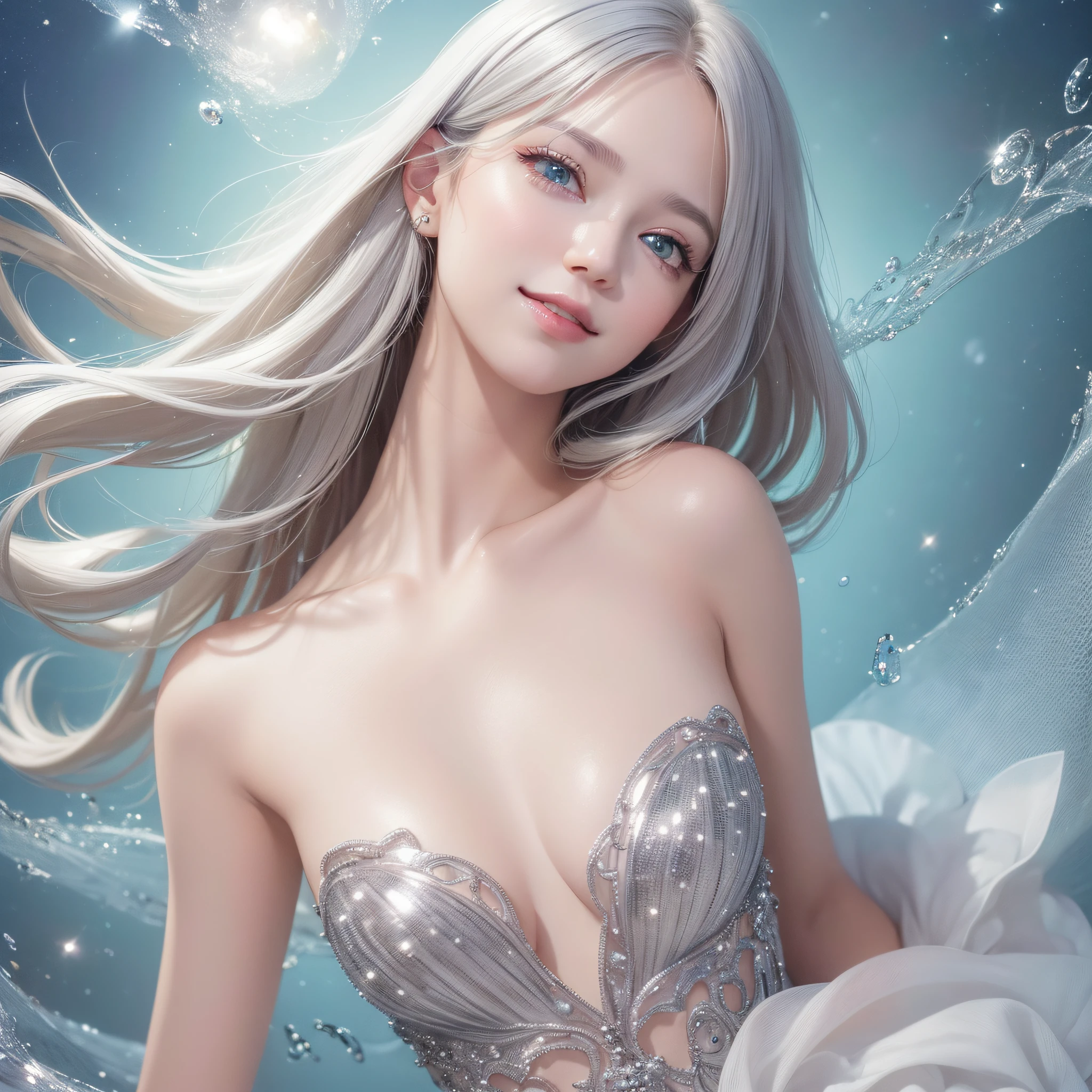 (Best Quality:1.5), (Exquisite CG), (High resolution:1.5)、Close-up of a smile、greeneye、Sapphire green eyes、lipgloss、Eye Gloss、Raise the corners of your mouth and smile、Open your mouth a little、round and large eyes、short silver hair、the background is the universe