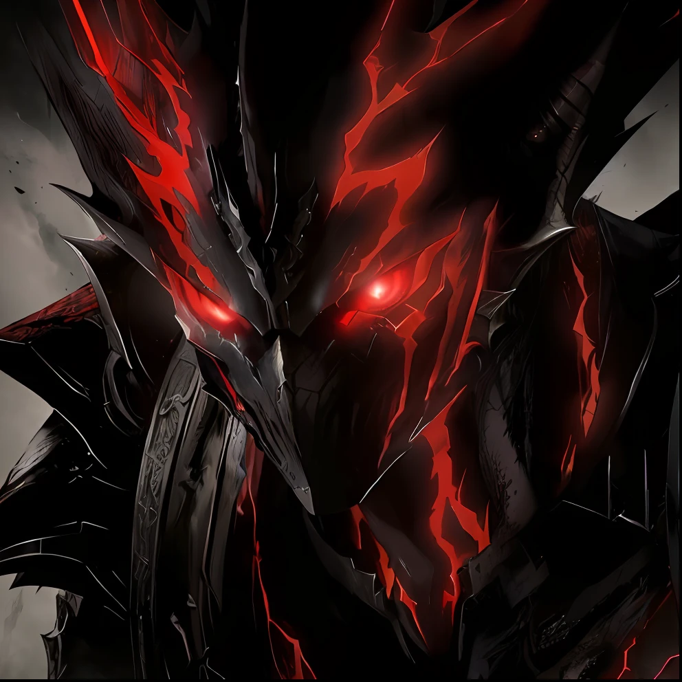 a close up of a demonic looking creature with red eyes, alduin, the dark lord sauron, with red glowing eyes, darksiders style, darksiders art style, dragon knight, black fire color reflected armor, with glowing red eyes, berserk guts, sharp red eyes, evil knight, demonic dragon inspired armor, ancalagon the black, cyborg dragon portrait