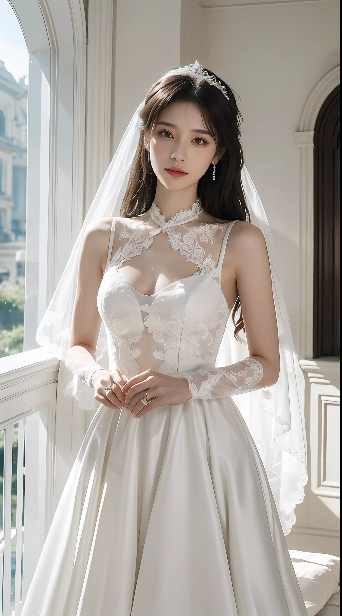 (Very detailed, reasonable design, Clear lines,Best quality, Masterpiece,Light and dark light Canon photography crystal clear （realisticlying:1.2）A beautiful woman in a white wedding dress