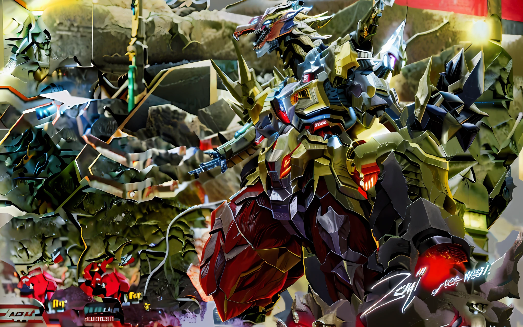 Godzilla vs. Mecha Godzilla, Fan art, Red Dragon Machine, Game art!!, inspired by Ryūsei Kishida, dragon cyborg, mecha art, advanced digital anime art， Mecha Godzilla, mechs，Western Dragon