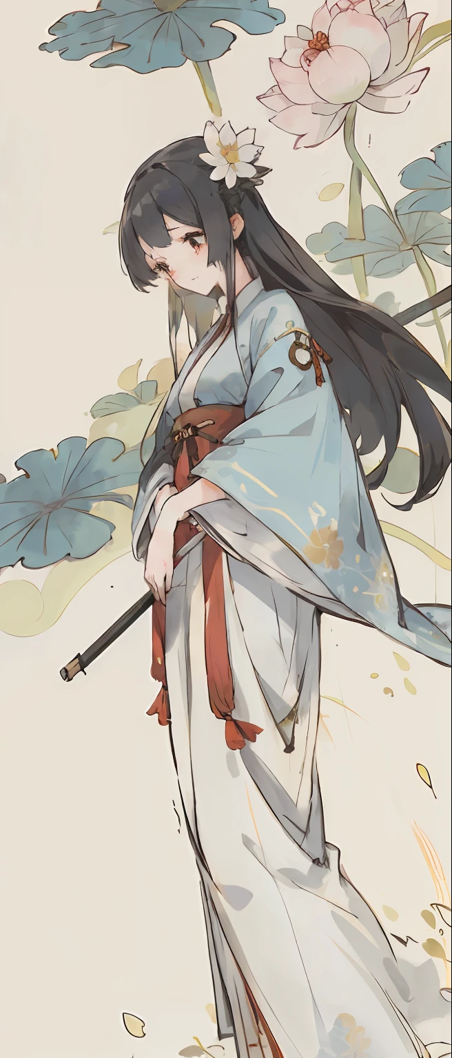 ((4k,masterpiece,best quality)), shuimobysim, traditional Chinese painting, lotus flowers, Hanfu, maxiskit, Dress conservatively 1girl, solo, blue long hair, smiled, standding, Feet in the water, white pantyhose，