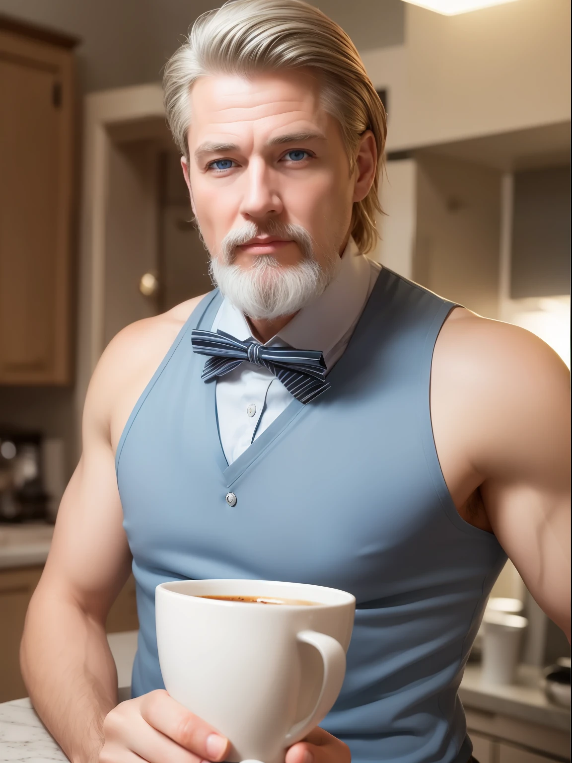 realistic, (best quality, masterpiece:1.3),  finely detailed eyes and detailed face, coffee machine, kitchen, solo mature male, tall muscular guy, silver hair, blue eyes, silver facial hair,