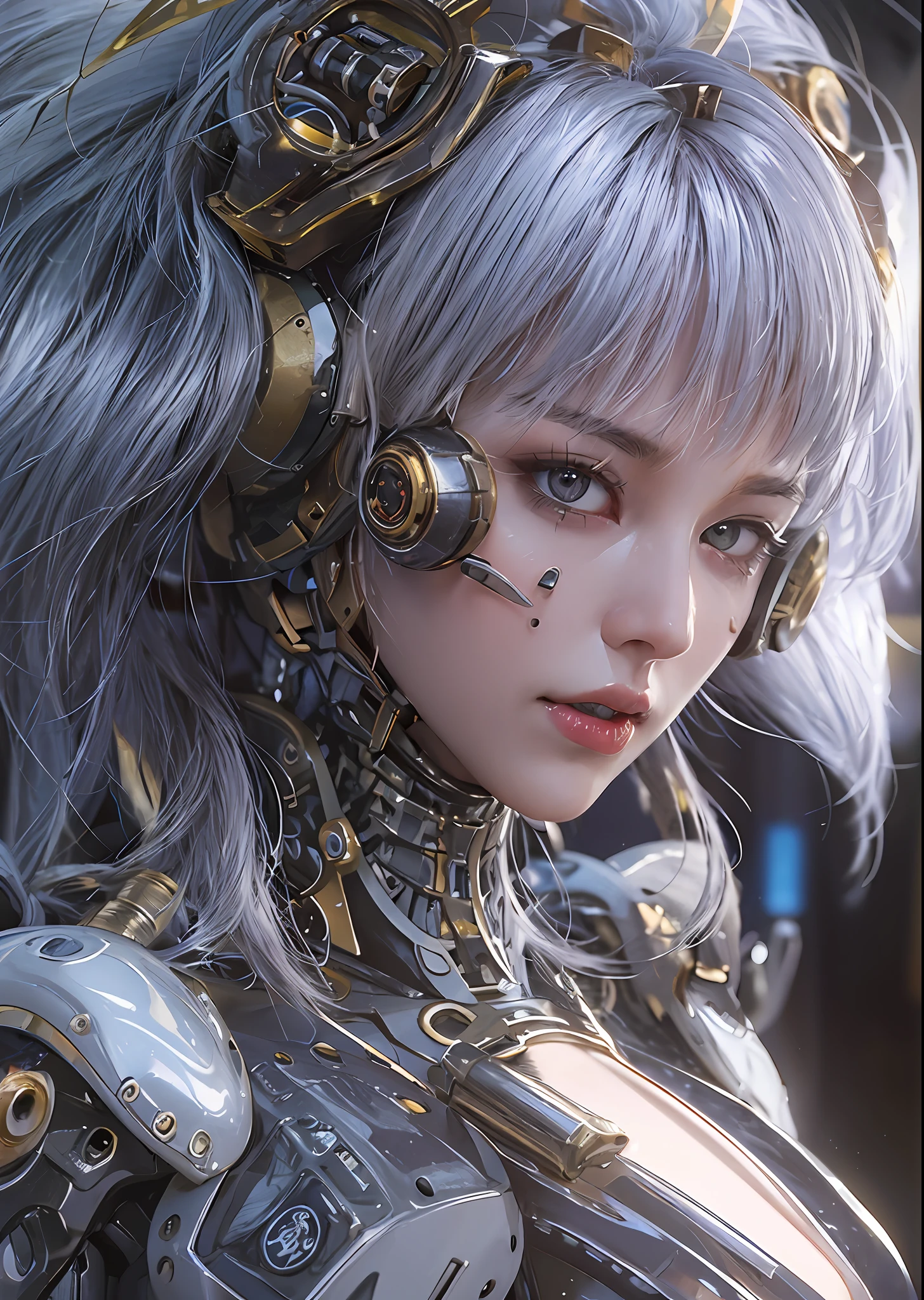 top-quality、​masterpiece、超A high resolution、(Photorealsitic:1.4)、Raw photo、Steampunk Cyborg Angel、large wings made of metal、White porcelain body、Acrylic Clear Cover、white  hair、glowy skin、1 Cyborg Girl、((super realistic details))、portlate、globalillumination、Shadow、octan render、8K、ultrasharp、character edge light,Colossal tits、Raw skin is exposed in cleavage、Details of complex ornaments、Sumerian details、Hydraulic cylinder、Small LED lamp、highly intricate detail、Realistic light、a purple eye、radiant eyes、Facing the camera、neon details、cowboy  shot、Futuristic headgear、About Cyberpunk、、