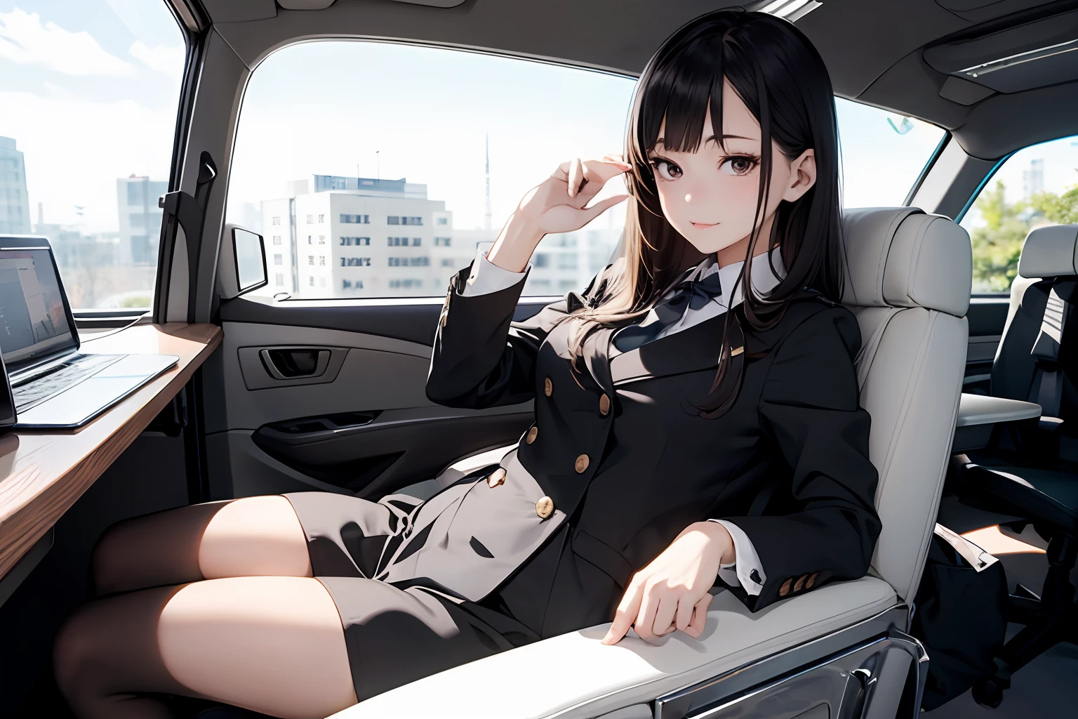 top-quality、Full body portrait、delicated face、cute face、a 25yo woman、slim figure、Petite bust、OL Uniform、Office Clothes、Black stockings、Outdoor Scene、Seats、Eguchi Hisashi