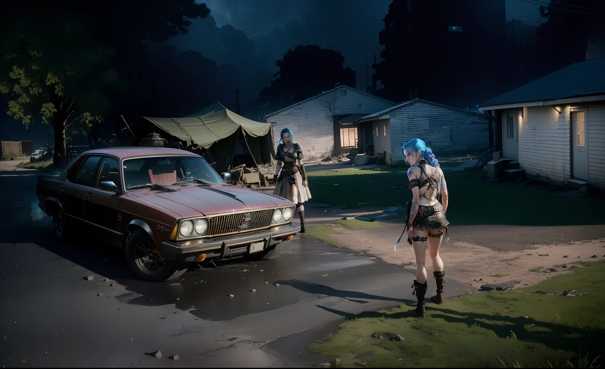 ((Best quality)), ((masterpiece)), (highly detailed:1.3), 3D, arcane style,In the dark and courageous dystopian city of Piltover, plagued by violence and divided into two opposing factions, a young prodigy named Jinx emerges. Having endured unimaginable loss and abandonment, she embraced a life of chaos and destruction. Known for her inventive and explosive abilities, Jinx becomes an icon of rebellion against the oppressive forces that control the city. However, haunted by guilt and battling inner demons, she must confront her past and decide whether to continue on the path of anarchy or seek redemption amid the turmoil. Explore Jinx's journey as she navigates a treacherous world, fighting for survival, unlocking secrets, and discovering the true meaning of her twisted existence, chaos reigns supreme, and at the center of it all is Jinx, the embodiment of unpredictability. Delve deep into Jinx's twisted mind, exploring the origins of his madness and the driving force behind his destructive nature. Unravel the moments that shaped her into the crazed, iconic character we know. Take us on a wild journey through the vibrant streets of Piltover and the shadowy suburb of Zaun as Jinx wreaks havoc with his explosive arsenal. Can redemption find its way into Jinx's fractured soul? Or will she dance forever on the edge of sanity, embracing the chaos that fuels her very existence? Arcane's fate hangs in the balance as Jinx's path intertwines with unlikely allies and formidable enemies. Ignite your imagination and paint a vivid portrait of Jinx's distorted psyche, capturing the essence of her madness and the indomitable spirit that defines it, HDR (High Dynamic Range), Ray Tracing, NVIDIA RTX, Super-Resolution, Unreal 5, Subsurface Scattering, PBR Texturing, Post-processing, Anisotropic Filtering, Depth of Field, Maximum Clarity and Sharpness, Multit Textures