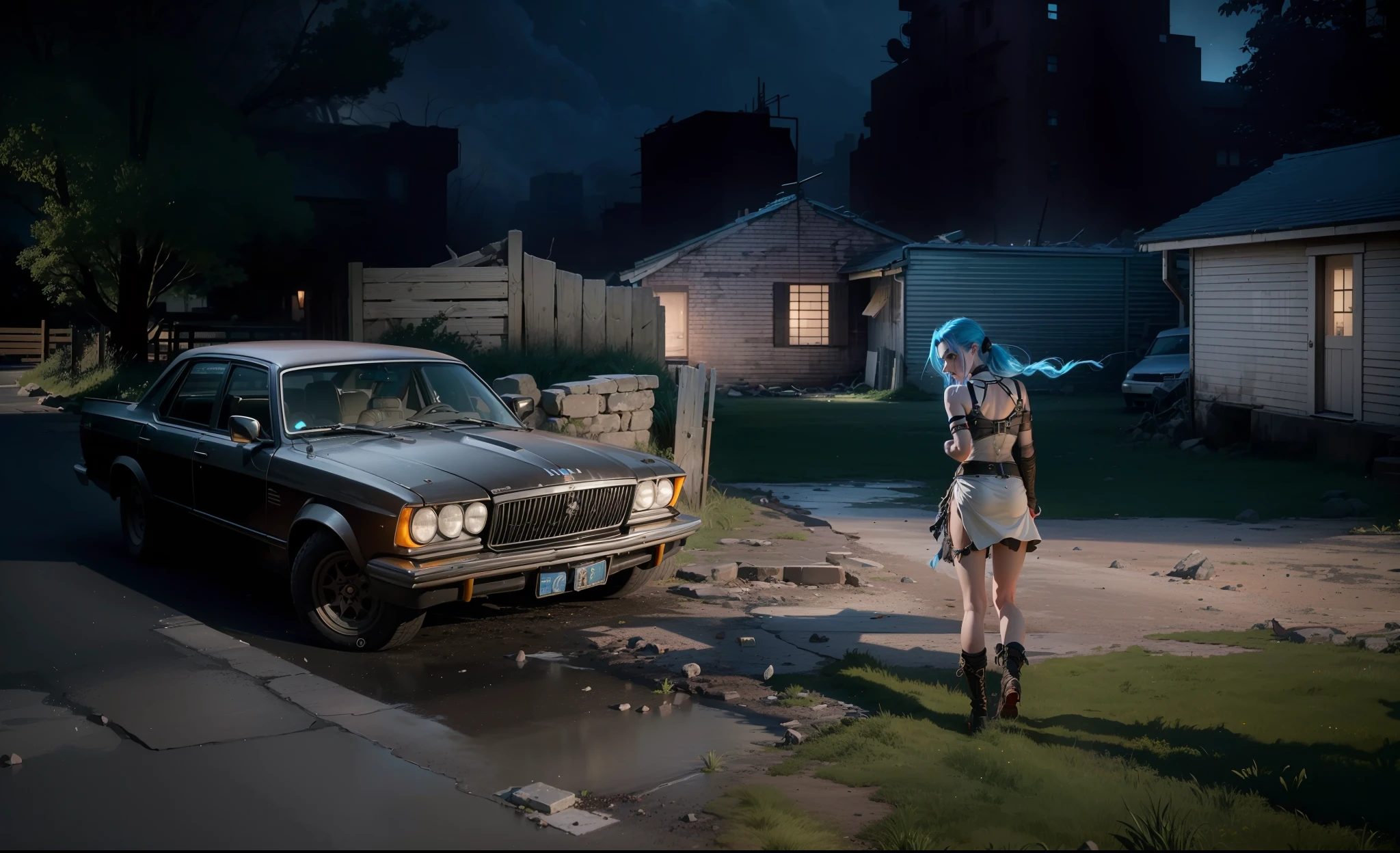 ((Best quality)), ((masterpiece)), (highly detailed:1.3), 3D, arcane style,In the dark and courageous dystopian city of Piltover, plagued by violence and divided into two opposing factions, a young prodigy named Jinx emerges. Having endured unimaginable loss and abandonment, she embraced a life of chaos and destruction. Known for her inventive and explosive abilities, Jinx becomes an icon of rebellion against the oppressive forces that control the city. However, haunted by guilt and battling inner demons, she must confront her past and decide whether to continue on the path of anarchy or seek redemption amid the turmoil. Explore Jinx's journey as she navigates a treacherous world, fighting for survival, unlocking secrets, and discovering the true meaning of her twisted existence, chaos reigns supreme, and at the center of it all is Jinx, the embodiment of unpredictability. Delve deep into Jinx's twisted mind, exploring the origins of his madness and the driving force behind his destructive nature. Unravel the moments that shaped her into the crazed, iconic character we know. Take us on a wild journey through the vibrant streets of Piltover and the shadowy suburb of Zaun as Jinx wreaks havoc with his explosive arsenal. Can redemption find its way into Jinx's fractured soul? Or will she dance forever on the edge of sanity, embracing the chaos that fuels her very existence? Arcane's fate hangs in the balance as Jinx's path intertwines with unlikely allies and formidable enemies. Ignite your imagination and paint a vivid portrait of Jinx's distorted psyche, capturing the essence of her madness and the indomitable spirit that defines it, HDR (High Dynamic Range), Ray Tracing, NVIDIA RTX, Super-Resolution, Unreal 5, Subsurface Scattering, PBR Texturing, Post-processing, Anisotropic Filtering, Depth of Field, Maximum Clarity and Sharpness, Multit Textures