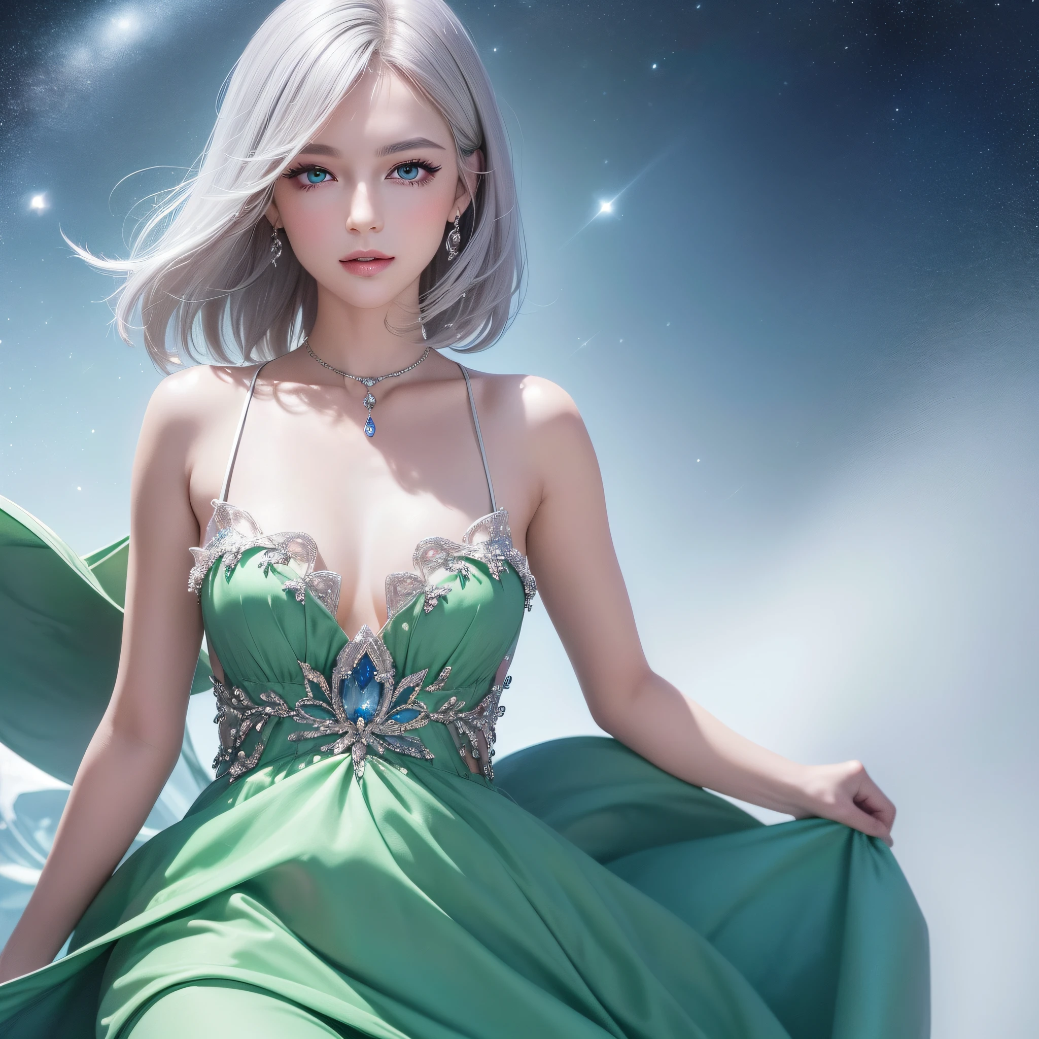 (Best Quality:1.5), (Exquisite CG), (High resolution:1.5)、Face close-up art、greeneye、Sapphire green eyes、lipgloss、Eye Gloss、Smile with the corners of your mouth raised、Open your mouth a little、round and large eyes、short silver hair、the background is the universe