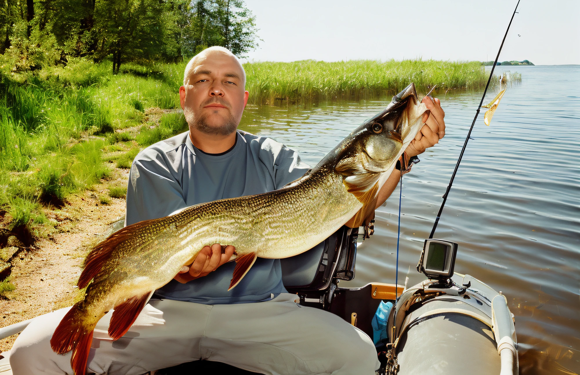 There's a man holding a fish in a boat in the water, Directed by: Petr Brandl, Directed by: Scott M. Fischer, Directed by: Stefan Gierowski, Retrato de um grande, holding an fish in his hand, Directed by: Pavel Fedotov, Atividade Juhola, Directed by: Aleksander Gierymski, Directed by: Sigmund Freudenberger