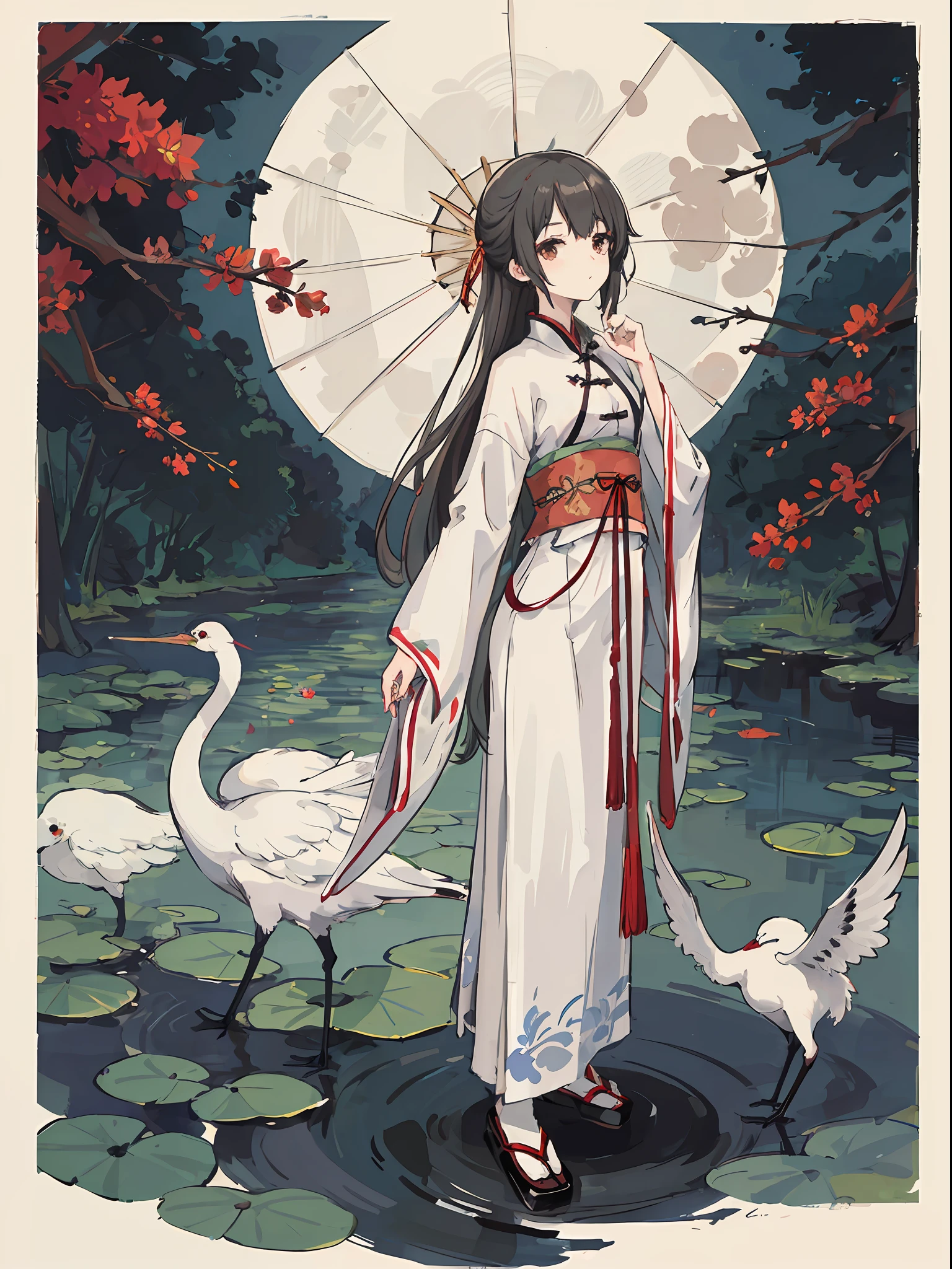 ((4K,Masterpiece,Best quality)), shuimobysim, (Traditional Chinese painting), SakuraNS, Hanfu, maxikit, Dress conservative 1 woman,Beautiful, mature,独奏, Gray hair and long hair,white colors, white crane,oil-paper umbrella,full moon,Small pond,High hills