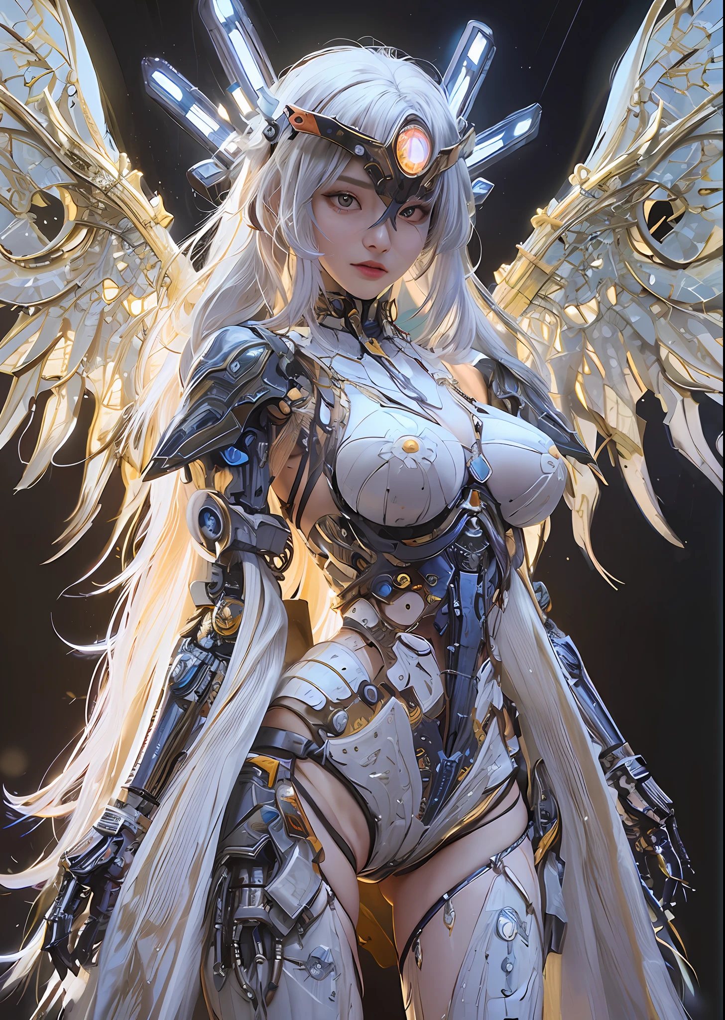 top-quality、​masterpiece、超A high resolution、(Photorealsitic:1.4)、Raw photo、Steampunk Cyborg Angel、large wings made of metal、White porcelain body、Acrylic Clear Cover、white  hair、glowy skin、1 Cyborg Girl、((super realistic details))、portlate、globalillumination、Shadow、octan render、8K、ultrasharp、character edge light,Colossal tits、Raw skin is exposed in cleavage、Details of complex ornaments、Sumerian details、Hydraulic cylinder、Small LED lamp、highly intricate detail、Realistic light、a purple eye、radiant eyes、Facing the camera、neon details、cowboy  shot、Futuristic headgear、About Cyberpunk、、