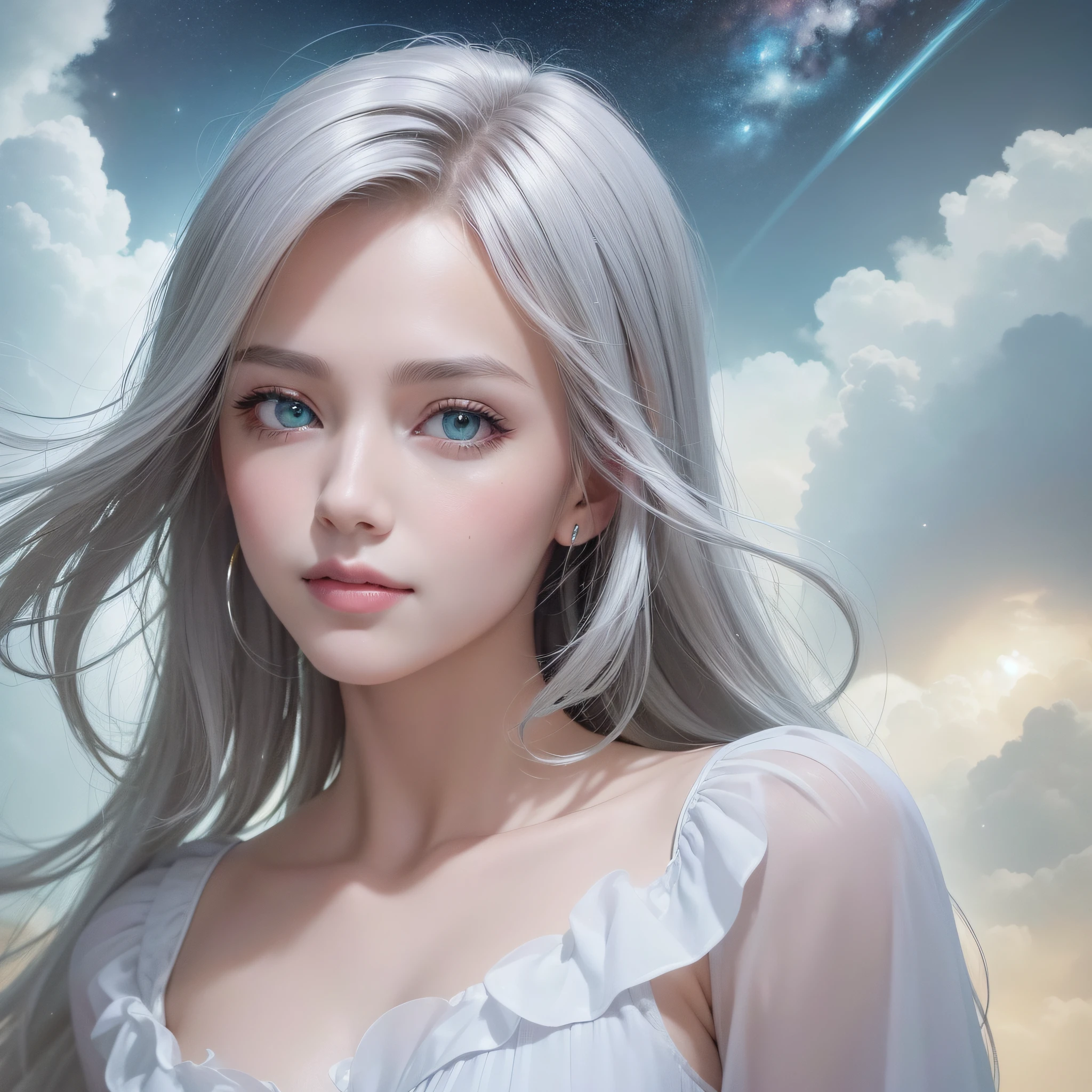(Best Quality:1.5), (Exquisite CG), (High resolution:1.5)、The face is protruding from the photo、greeneye、Sapphire green eyes、lipgloss、Eye Gloss、Raise the corners of your mouth and smile、Open your mouth a little、round and large eyes、short silver hair、the background is the universe
