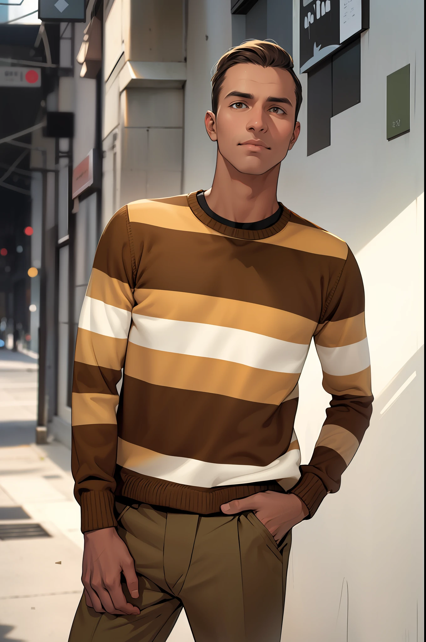 Man in striped sweater and khaki pants posing for photo, striped sweater, he is wearing a brown sweater, wearing a sweater, um hiper realista, wearing casual sweater, Listras, wearing sweater, vestindo camisa listrada, camisa castanha, wearing a dark sweater, parece realista, designed for cozy aesthetics!, editing, listrado, sweater, roupas casuais modernas