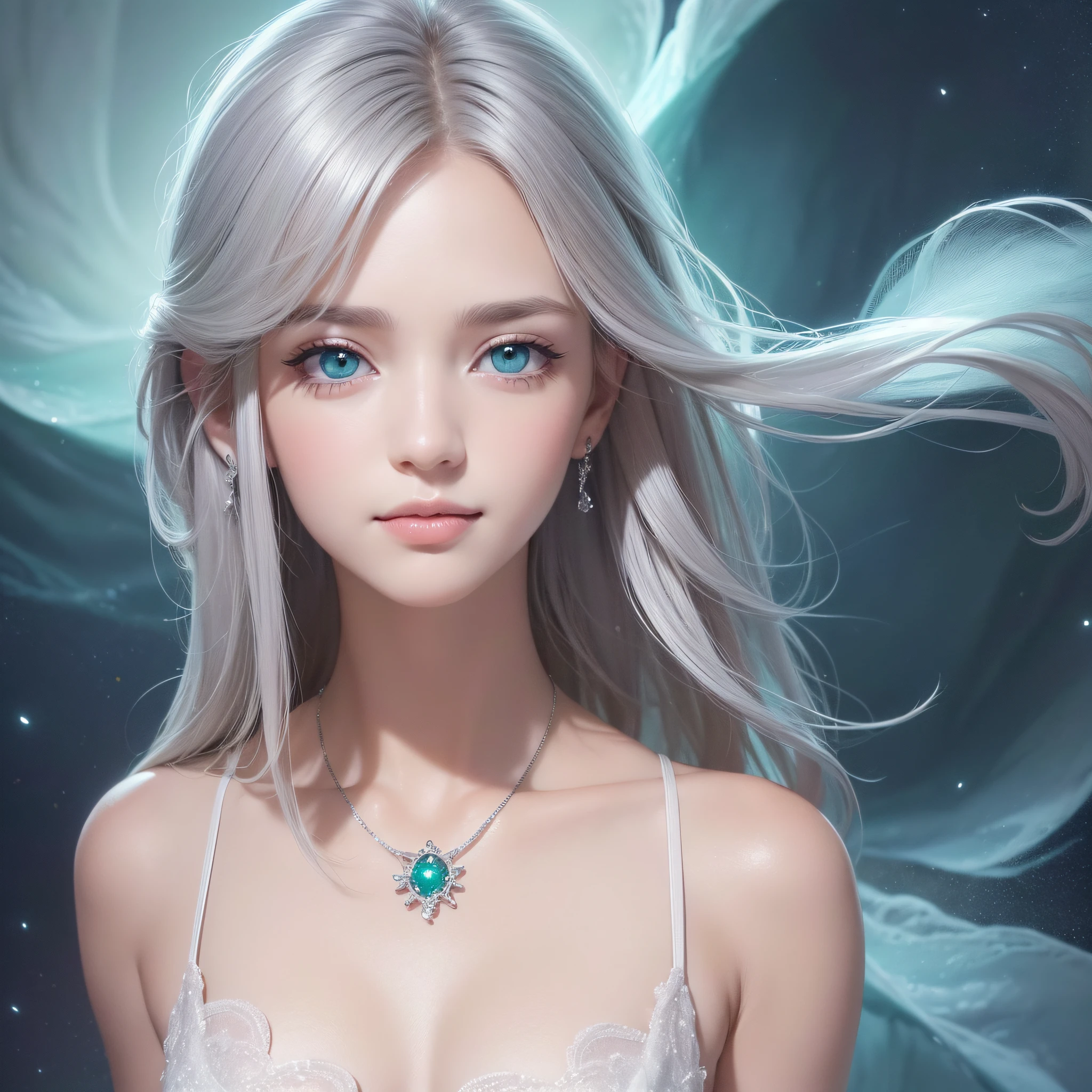 (Best Quality:1.5), (Exquisite CG), (High resolution:1.5)、The face is protruding from the photo、greeneye、Sapphire green eyes、lipgloss、Eye Gloss、Raise the corners of your mouth and smile、Open your mouth a little、round and large eyes、short silver hair、the background is the universe