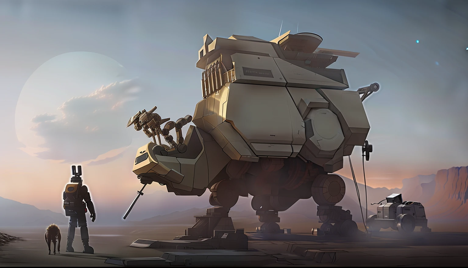 There is a man in the desert standing next to a giant robot, wojtek fus, author:ruanjia, lan mcque, Inspired by Ian Mack, Simon Starlenhaag Highly detailed, author:Ian McQue, author:feng zhu, sergey kolesov concept art, Simon Starlenhaag color scheme, by Raymond Han, author:Jeremy Chang,The huge robot was redesigned by camels,There are a lot of sci-fi parts on the body