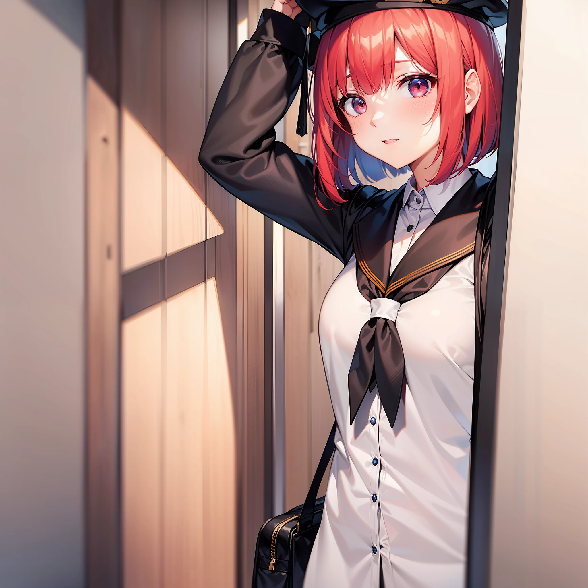 1 girl, graduation bob, mediumvioletred hair, mediumvioletred eyes, rounded eyes, hiding earssmall beret, high school
