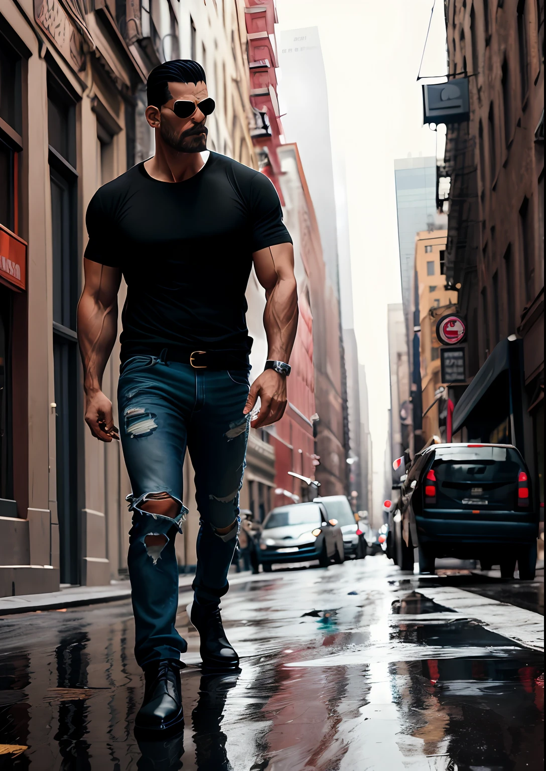 (Italian black hair handsome man, black eyes hair as The Punisher|Frank Castle), (analog style), (Photorealistic:1.5), dark theme, nighttime, (raining), alleyway, puddle reflections:0.25, (urban city, New York city), white plain basic teeshirt, tight torn jeans, ankle boots, black BDU's, black boots, dramatic, cinematic, award winning, masterpiece, white basic round neck Tee-shirt with torn jeans, ankle boots