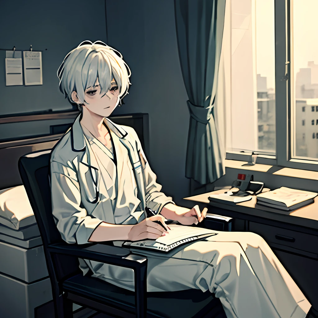 （tmasterpiece，best qualtiy，A detailed：1.1），yisang_limbus，default_Outfit，1boy，独奏，In a hospital bed，Medical instruments，Patient gown，（White hair1.1），Holding a diary in his hand，Keep your eyes on the diary