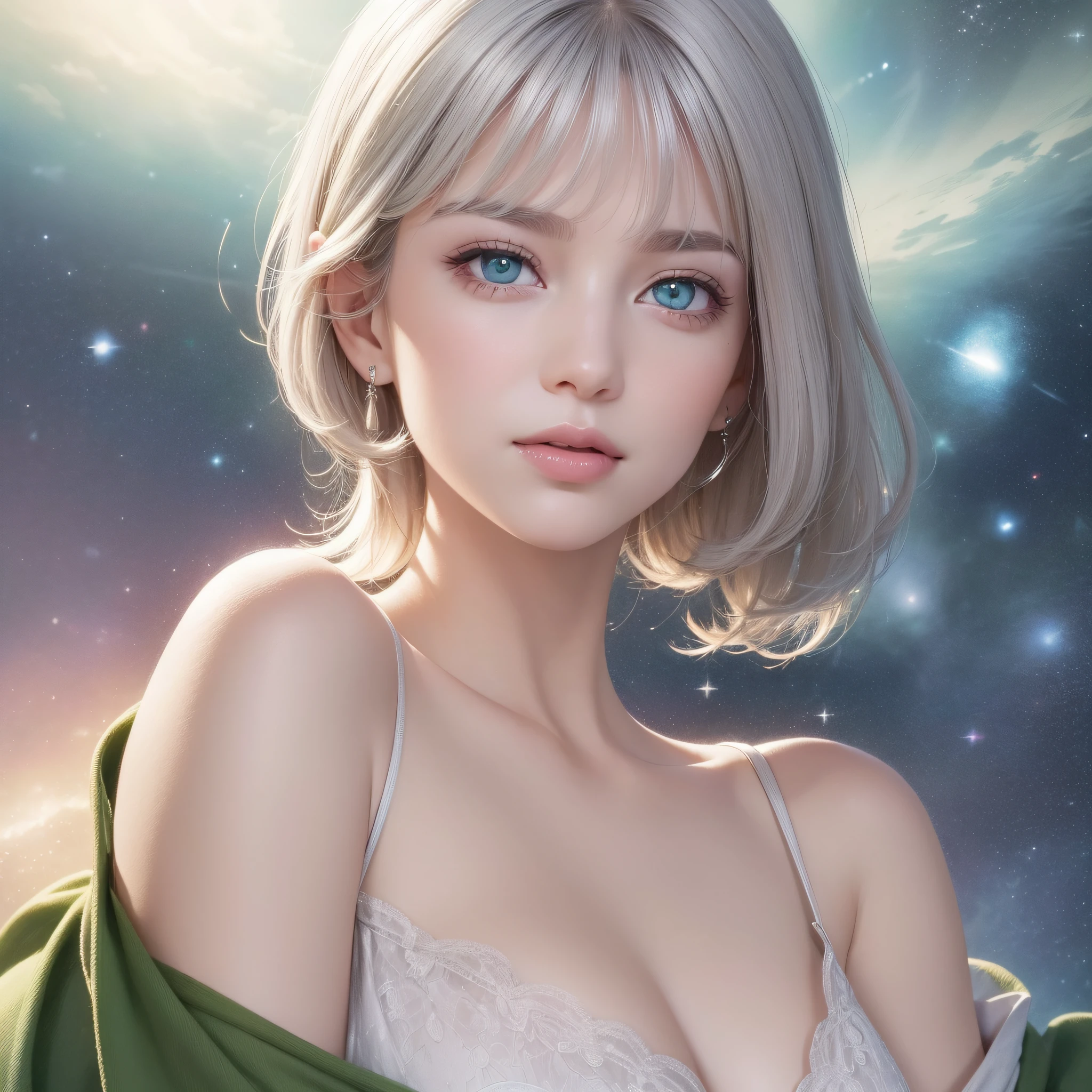 (Best Quality:1.5), (Exquisite CG), (High resolution:1.5)、The face is protruding from the photo、greeneye、Sapphire green eyes、lipgloss、Eye Gloss、Smile with the corners of the mouth raised、Open your mouth a little、round and large eyes、short silver hair、the background is the universe