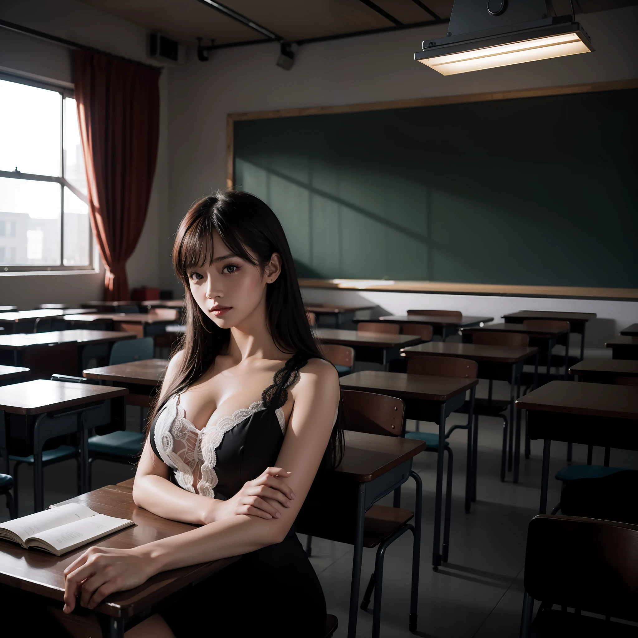 Classroom,darkly,Glamorous,1girll,Highest image quality,highest quality,Highest high resolution
