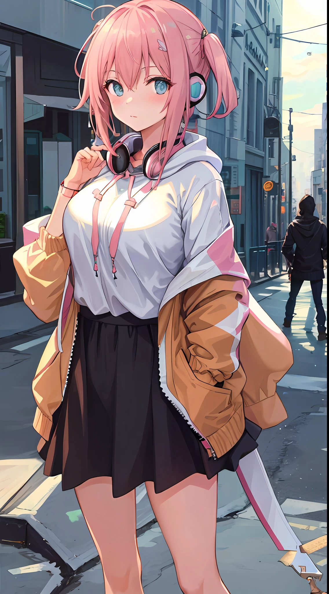 1girll,Large breasts, 
Outdoors,Cityscape, street,standing,Cowboy shot, 
(Hoodie),headphones around their necks, 
Blush,