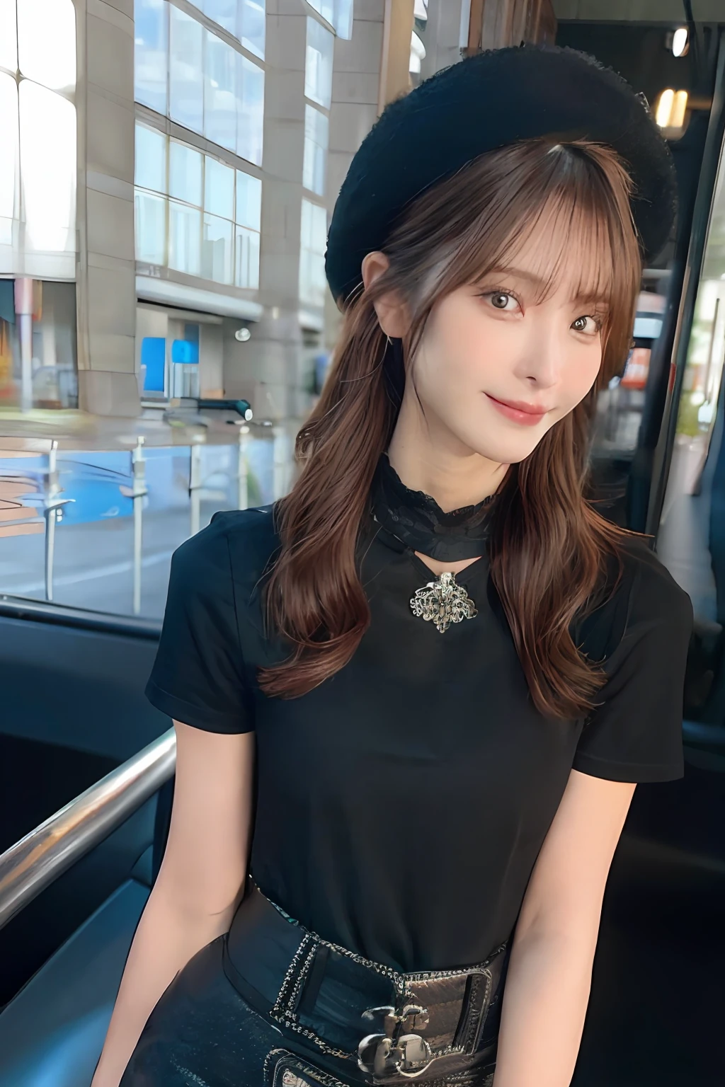 apinkhayoung, urban, streets, (day:1.1), RAW,(8k, best quality, masterpiece:1.2),(intricate details:1.4),(photorealistic:1.4),octane render, complex 3d render ultra detailed, studio soft light, rim light, vibrant details, ultra detailed, realistic skin texture, detailed face, beautiful detailed eyes, extremely detailed CG unity 8k wallpaper, makeup, (detailed background:1.2), (cowboy shot:1.2),(perfect anatomy:1.2),(wide hip:1.1),(black t-shirt, pants, choker, beret:1.2),