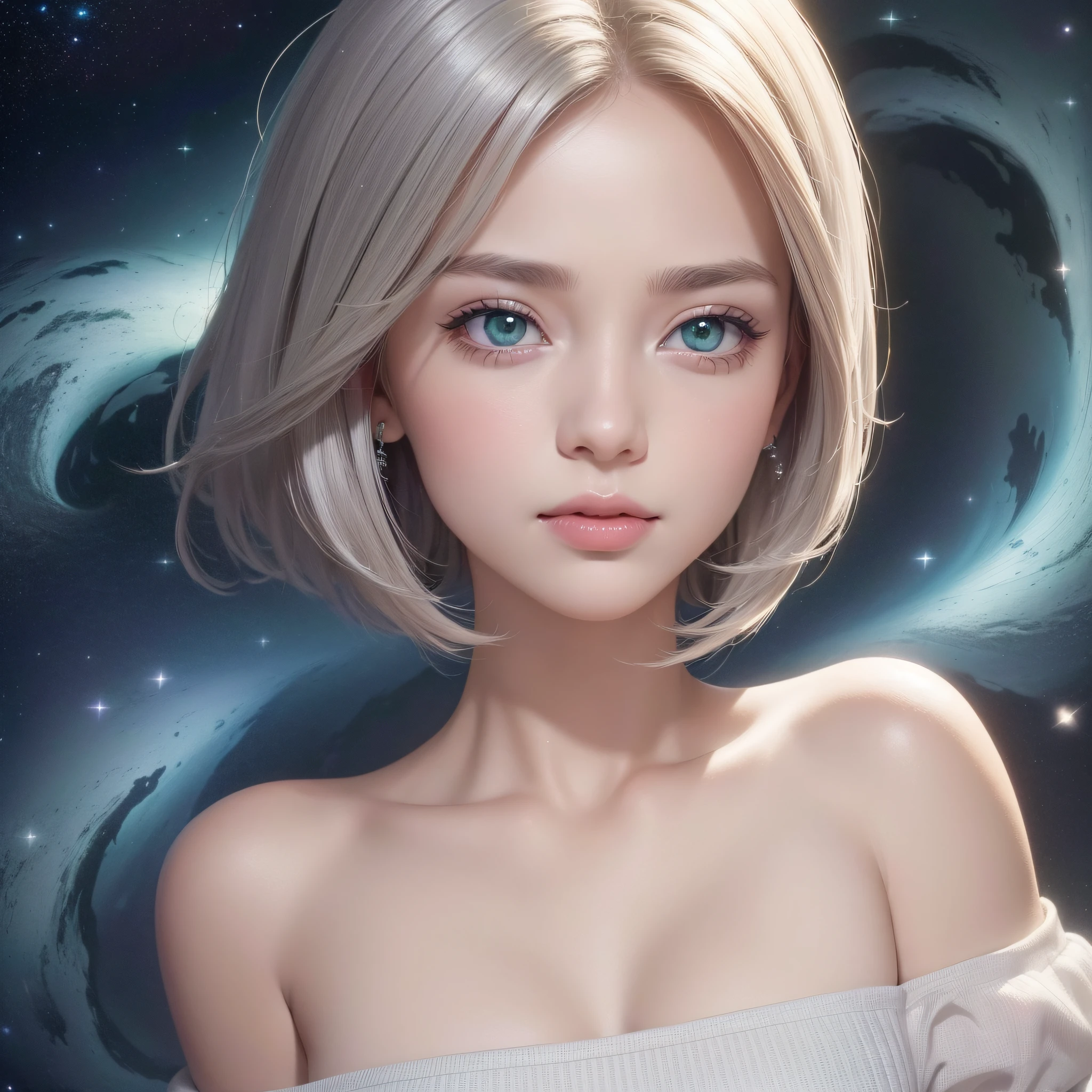 (Best Quality:1.5), (Exquisite CG), (High resolution:1.5)、The face is protruding from the photo、greeneye、Sapphire green eyes、lipgloss、Eye Gloss、Smile with the corners of the mouth raised、Open your mouth a little、round and large eyes、short silver hair、the background is the universe