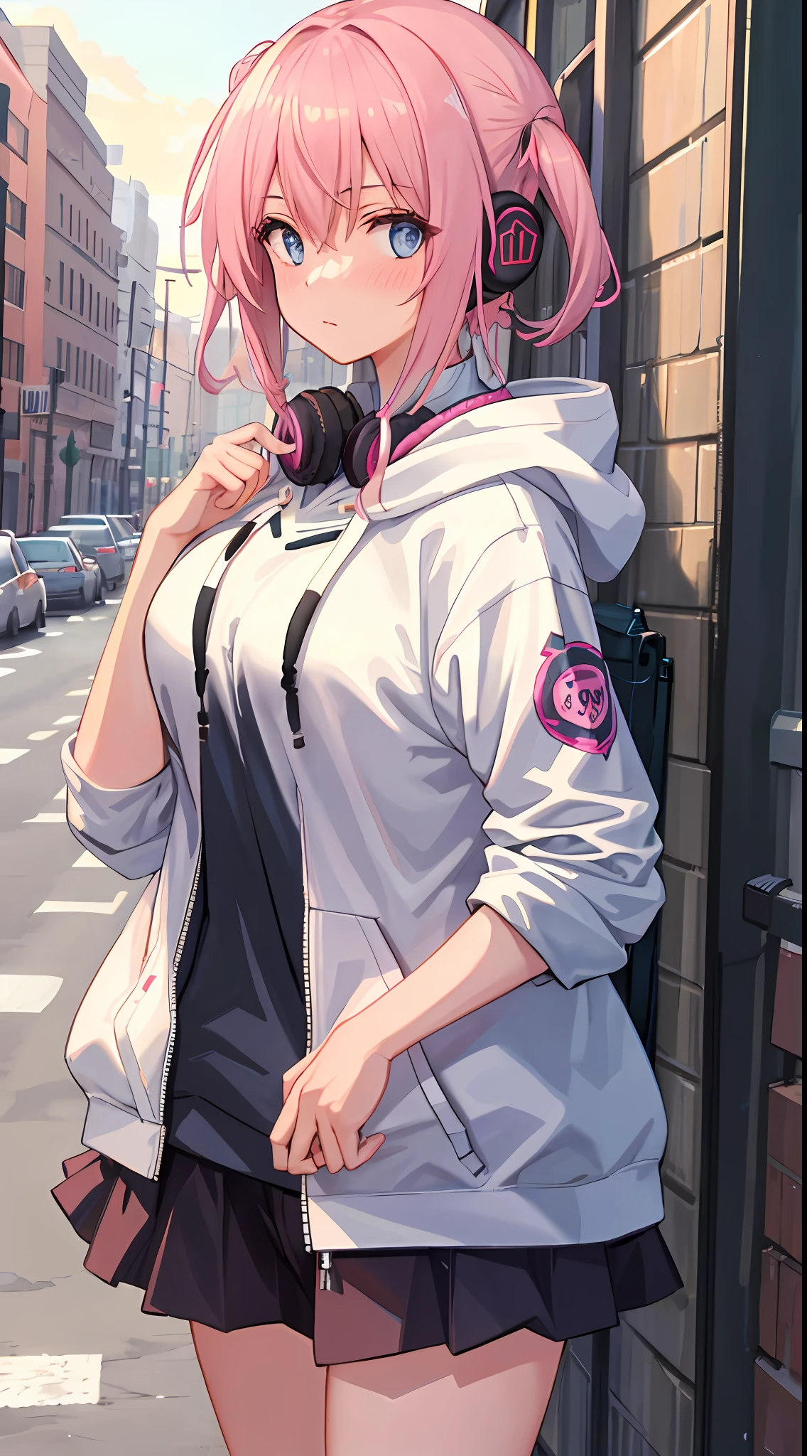 1girll,Large breasts,
Outdoors,Cityscape, street,standing,Cowboy shot,
(Hoodie),headphones around their necks,
Blush,