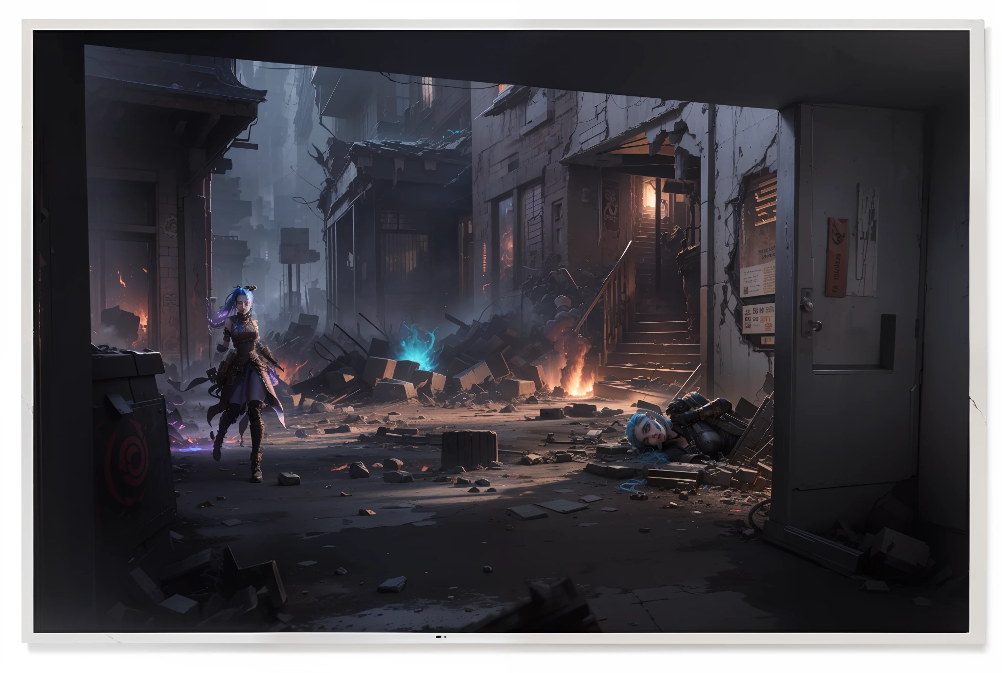 ((Best quality)), ((masterpiece)), (highly detailed:1.3), 3D, arcane style,In the dark and courageous dystopian city of Piltover, plagued by violence and divided into two opposing factions, a young prodigy named Jinx emerges. Having endured unimaginable loss and abandonment, she embraced a life of chaos and destruction. Known for her inventive and explosive abilities, Jinx becomes an icon of rebellion against the oppressive forces that control the city. However, haunted by guilt and battling inner demons, she must confront her past and decide whether to continue on the path of anarchy or seek redemption amid the turmoil. Explore Jinx's journey as she navigates a treacherous world, fighting for survival, unlocking secrets, and discovering the true meaning of her twisted existence, chaos reigns supreme, and at the center of it all is Jinx, the embodiment of unpredictability. Delve deep into Jinx's twisted mind, exploring the origins of his madness and the driving force behind his destructive nature. Unravel the moments that shaped her into the crazed, iconic character we know. Take us on a wild journey through the vibrant streets of Piltover and the shadowy suburb of Zaun as Jinx wreaks havoc with his explosive arsenal. Can redemption find its way into Jinx's fractured soul? Or will she dance forever on the edge of sanity, embracing the chaos that fuels her very existence? Arcane's fate hangs in the balance as Jinx's path intertwines with unlikely allies and formidable enemies. Ignite your imagination and paint a vivid portrait of Jinx's distorted psyche, capturing the essence of her madness and the indomitable spirit that defines it, HDR (High Dynamic Range), Ray Tracing, NVIDIA RTX, Super-Resolution, Unreal 5, Subsurface Scattering, PBR Texturing, Post-processing, Anisotropic Filtering, Depth of Field, Maximum Clarity and Sharpness, Multit Textures
